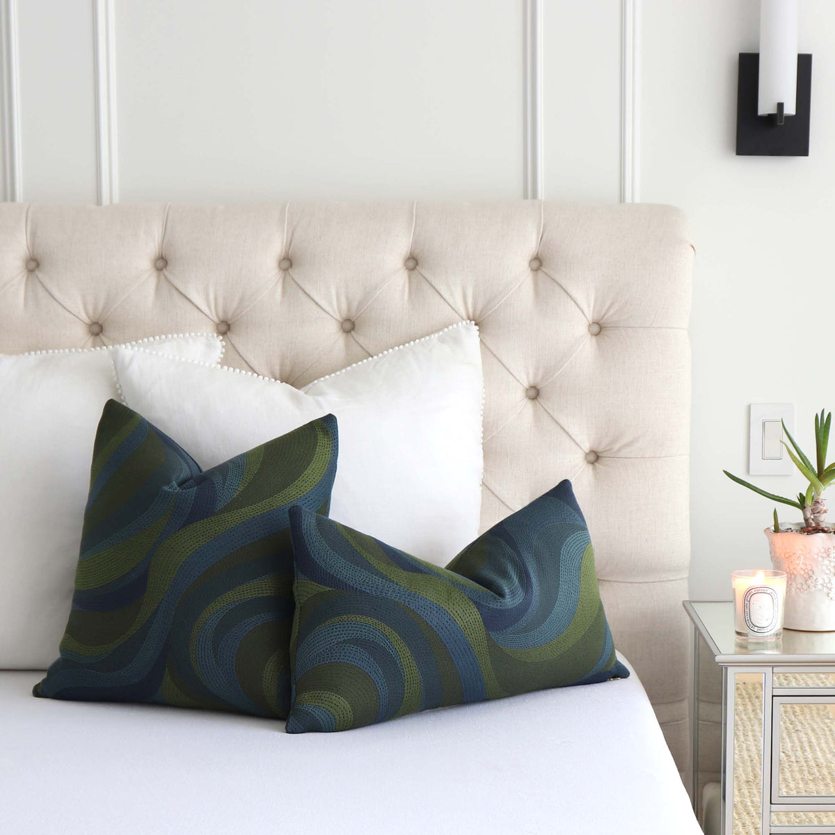 Thibaut Passage Lagoon Blue and Green Woven Performance Luxury Designer Decorative Throw Pillow Cover in Bedroom