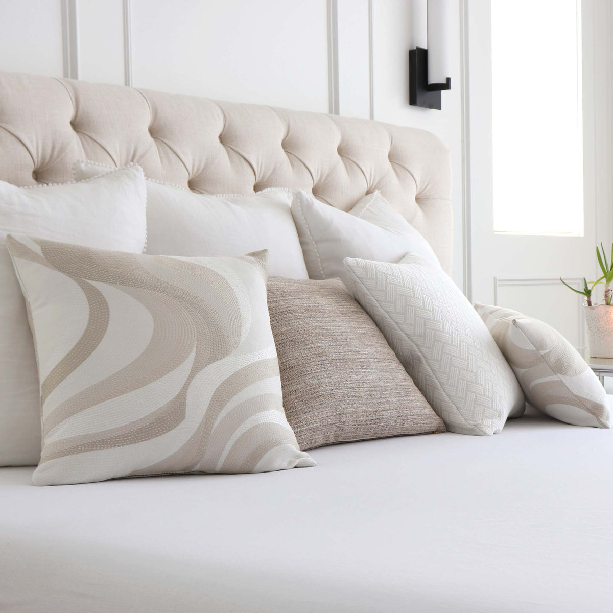 Thibaut Passage Linen White Beige Woven Performance Luxury Designer Decorative Throw Pillow Cover in Bedroom with Coordinating Pillows