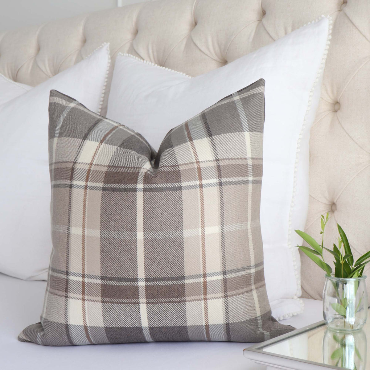 Thibaut Scots Plaid Beige Tartan Soft Scottish Wool Designer Throw Pillow Cover on Bed with Big White Pillows in the Back