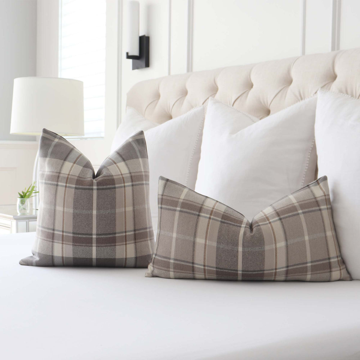 Thibaut Scots Plaid Beige Tartan Soft Scottish Wool Designer Throw Pillow Cover in Bedroom