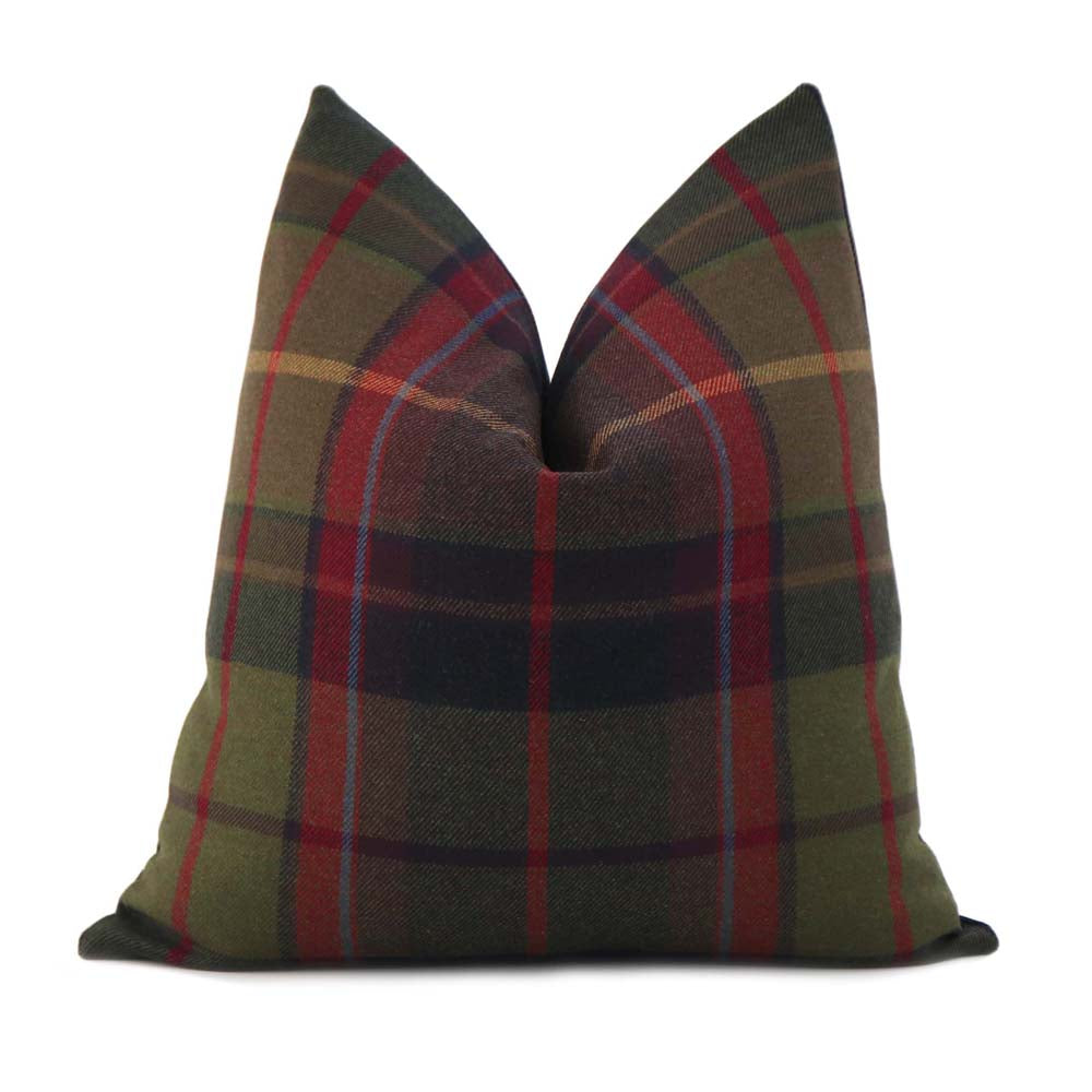 Thibaut Scots Plaid in Olive Green and Cranberry Red Wool Designer Throw Pillow Cover
