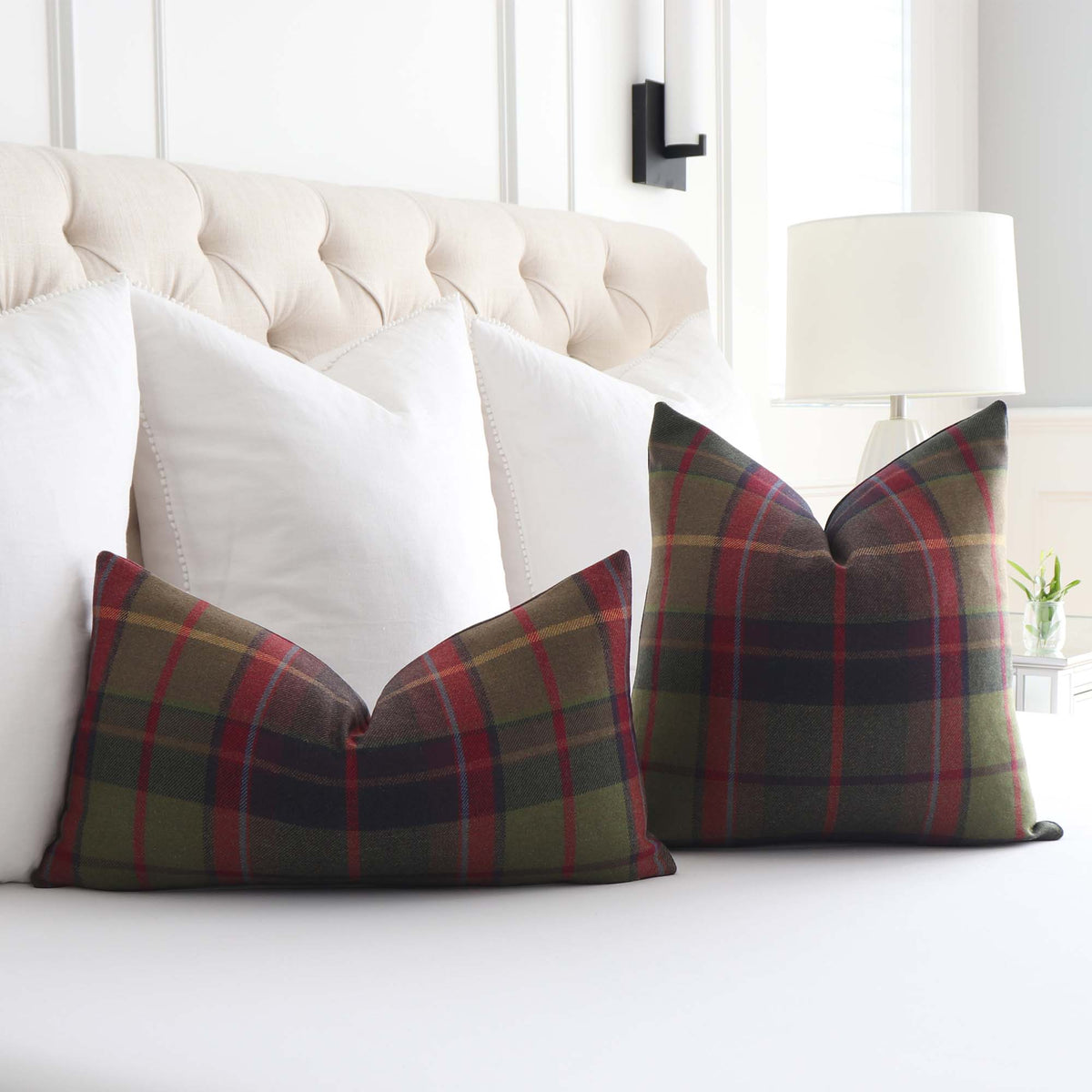 Thibaut Scots Plaid in Olive Green and Cranberry Red Wool Designer Throw Pillow Cover on Bed in Bedroom