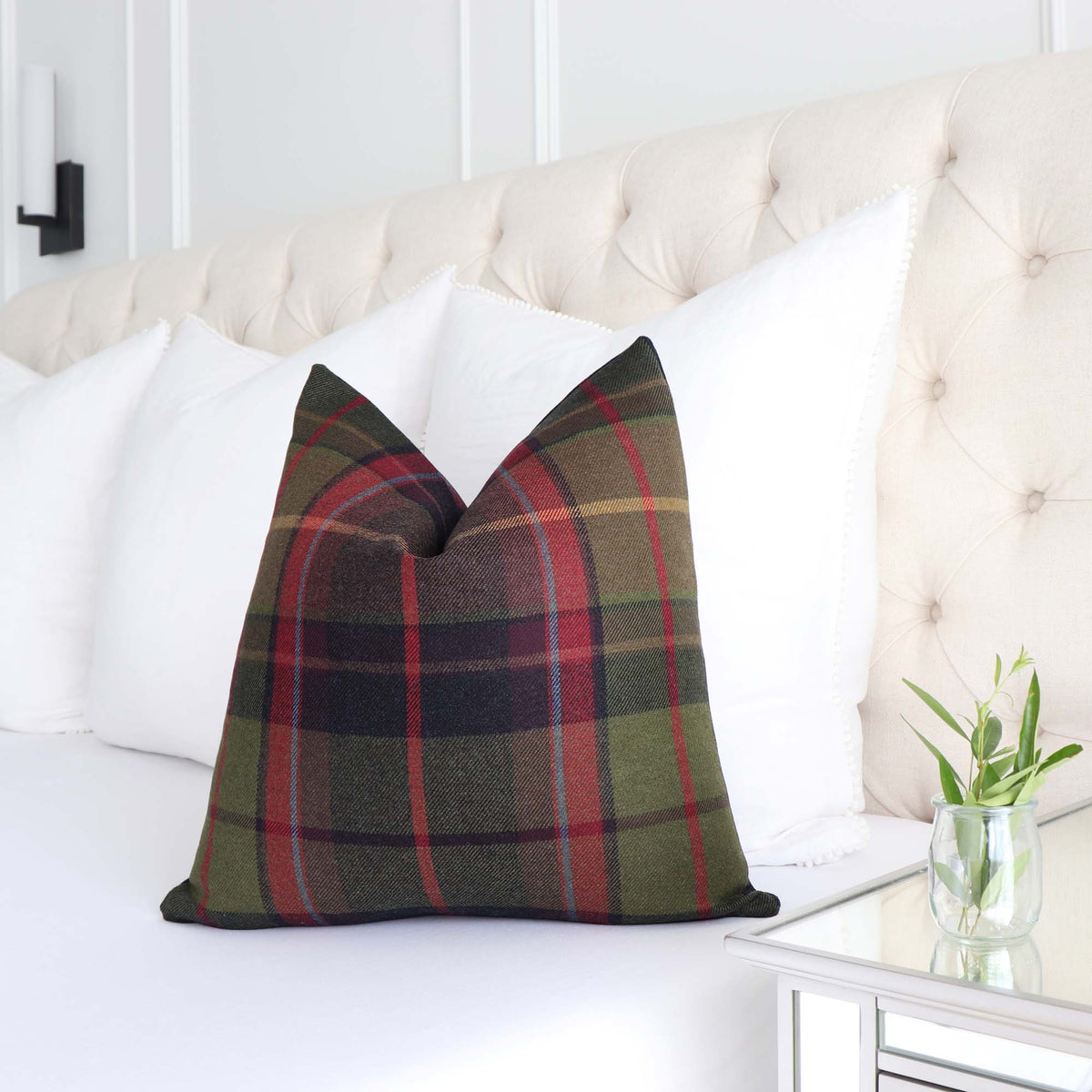 Thibaut Scots Plaid in Olive Green and Cranberry Red Wool Designer Throw Pillow Cover with Big White Euro Shams