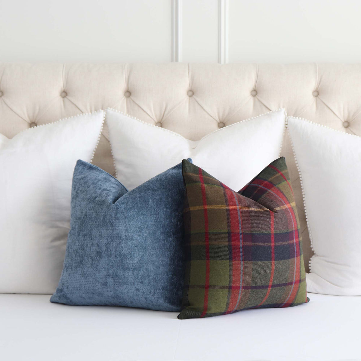 Thibaut Scots Plaid in Olive Green and Cranberry Red Wool Designer Throw Pillow Cover with Complementing Throw Pillow