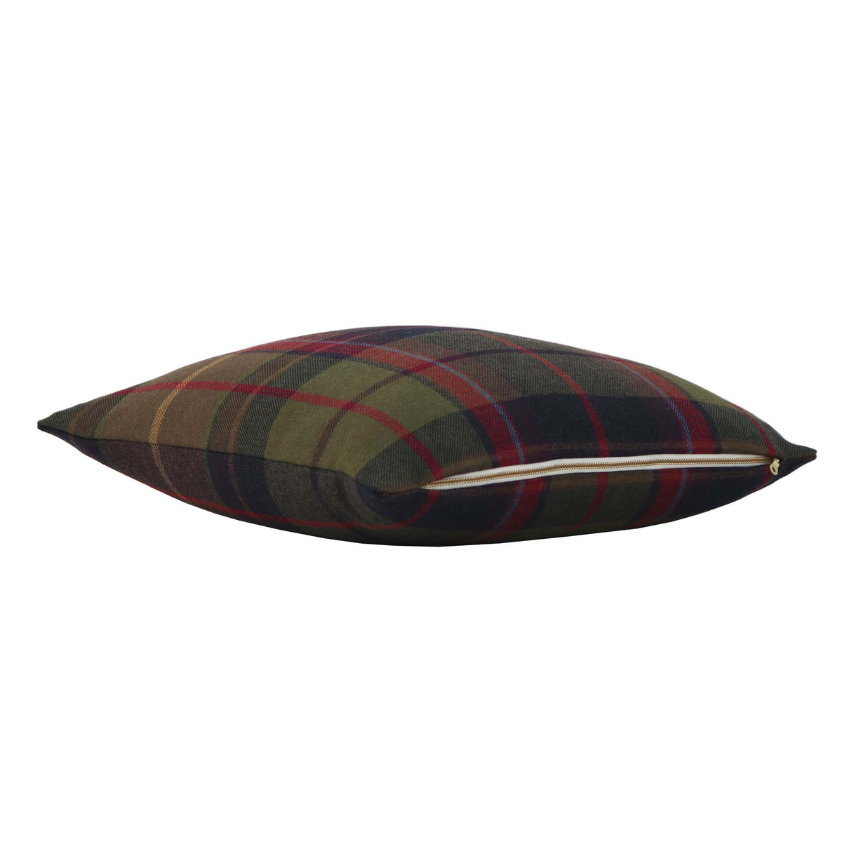 Thibaut Scots Plaid in Olive Green and Cranberry Red Wool Designer Throw Pillow Cover with Exposed Brass YKK Zipper