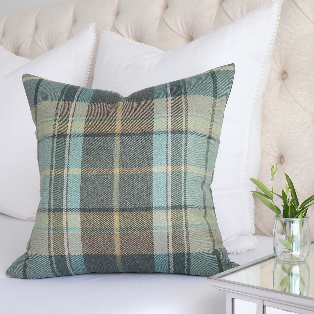 Thibaut Scot's Plaid Sage Tartan Merino Wool Decorative Throw Pillow Cover on Bed