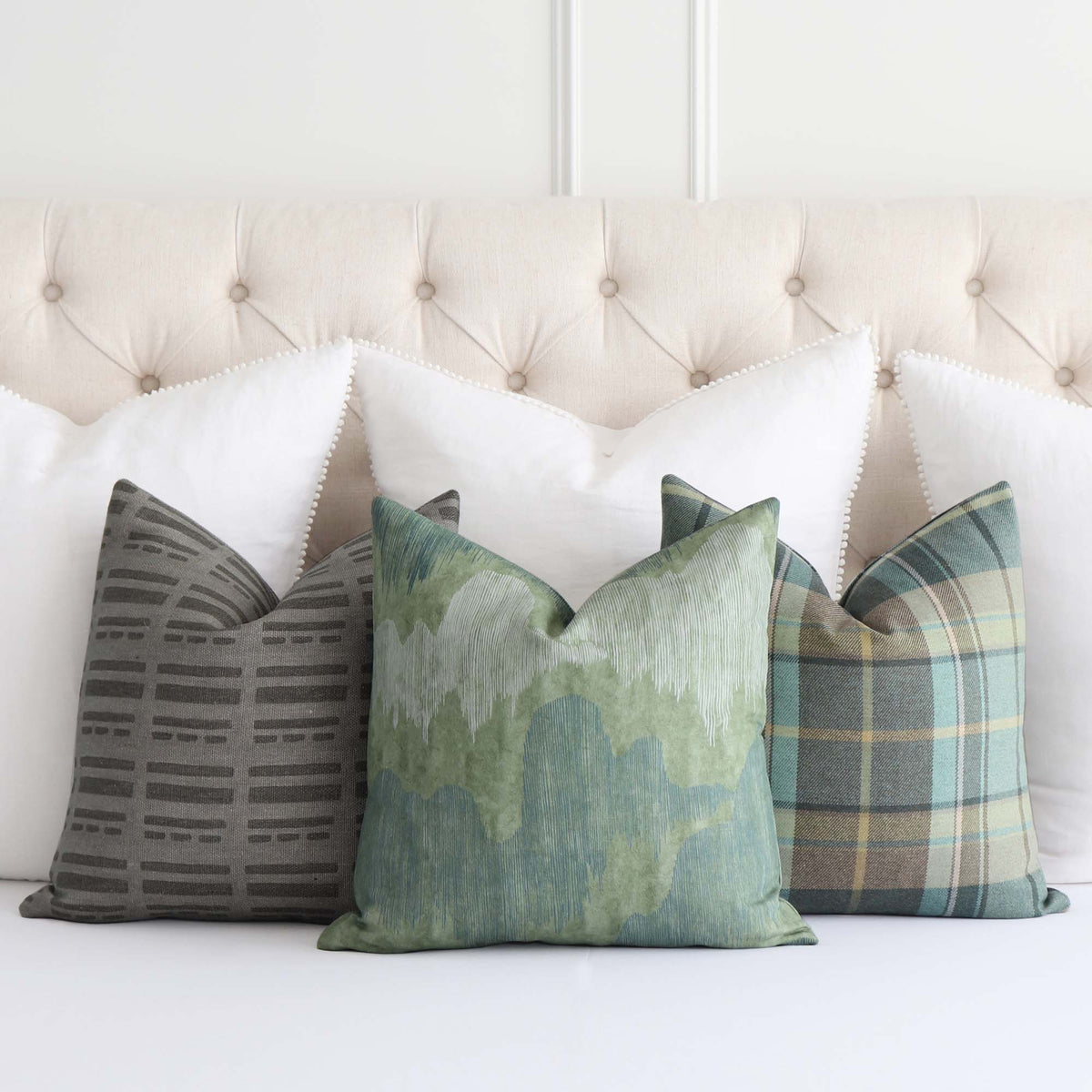 Thibaut Scot's Plaid Sage Tartan Merino Wool Decorative Throw Pillow Cover with Coordinating Throw Pillows on Bed