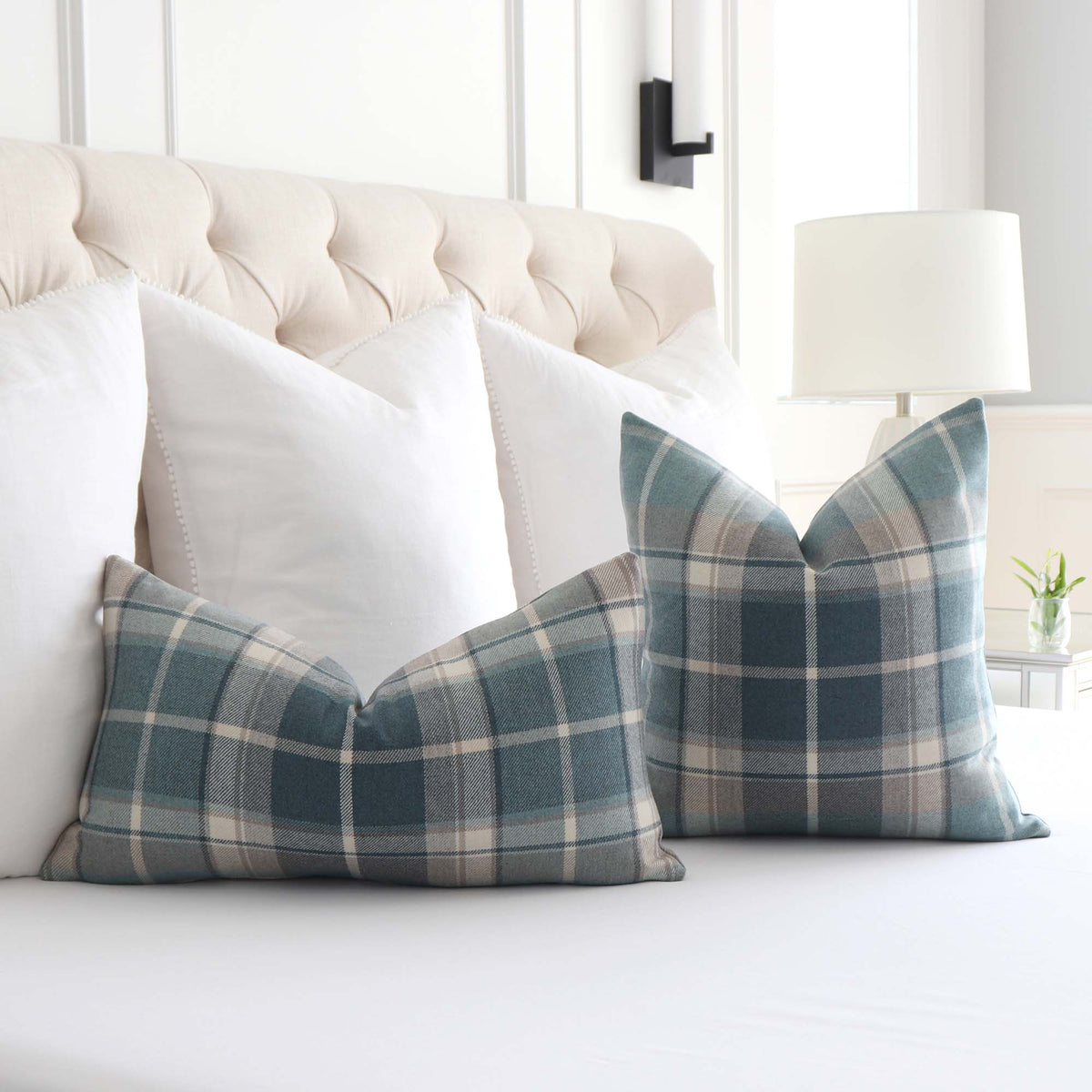 Thibaut Scots Plaid Spa Blue Tartan Wool Decorative Luxury Throw Pillow Cover on Bed in Bedroom