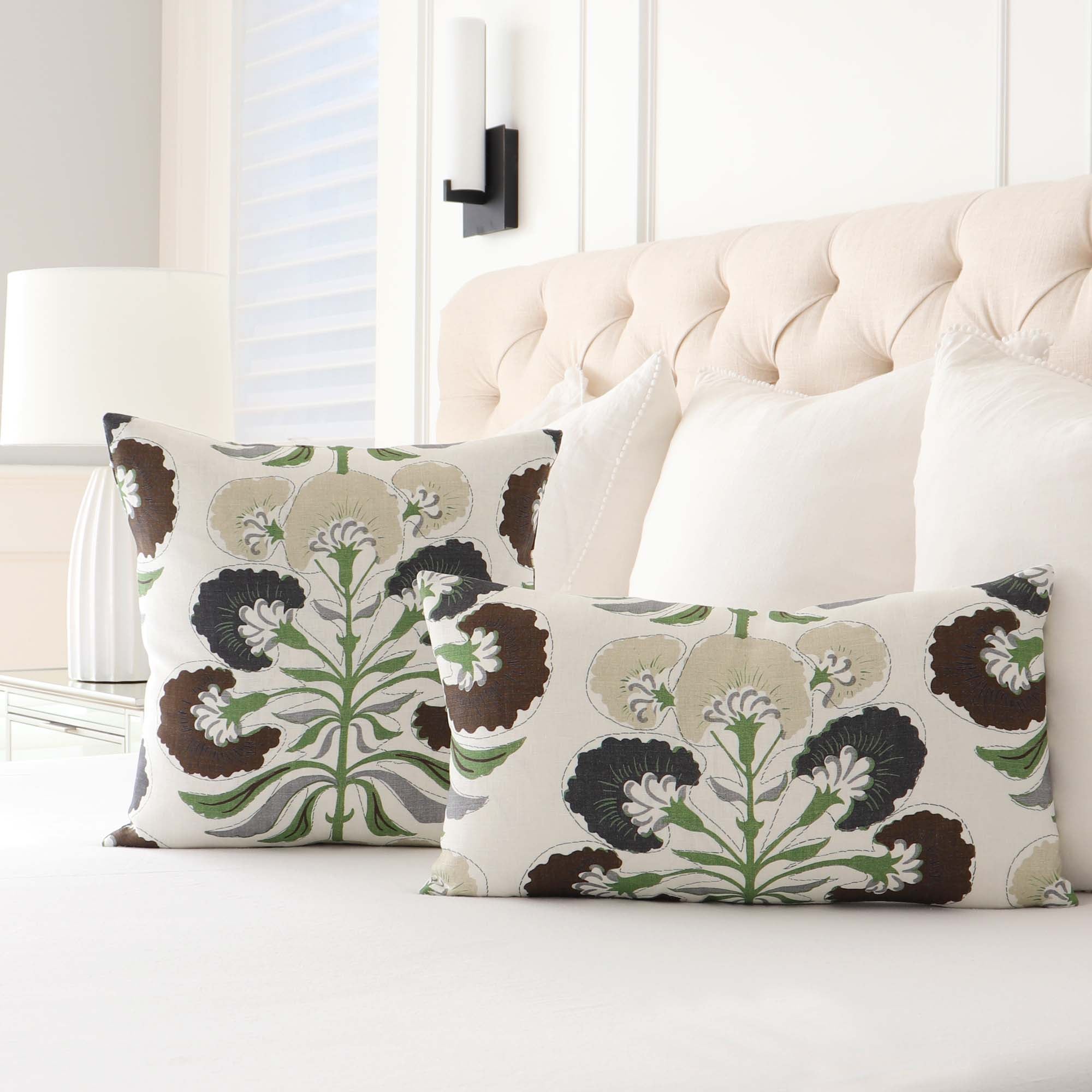 Thibaut Tybee Tree Black and Green Floral Block Print Designer Linen Luxury Decorative Throw Pillow Cover in Bedroom