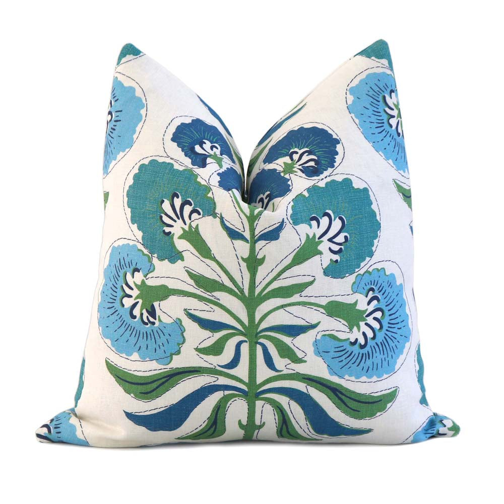 Thibaut Tybee Tree Blue and Green Floral Block Print Designer Linen Decorative Throw Pillow Cover