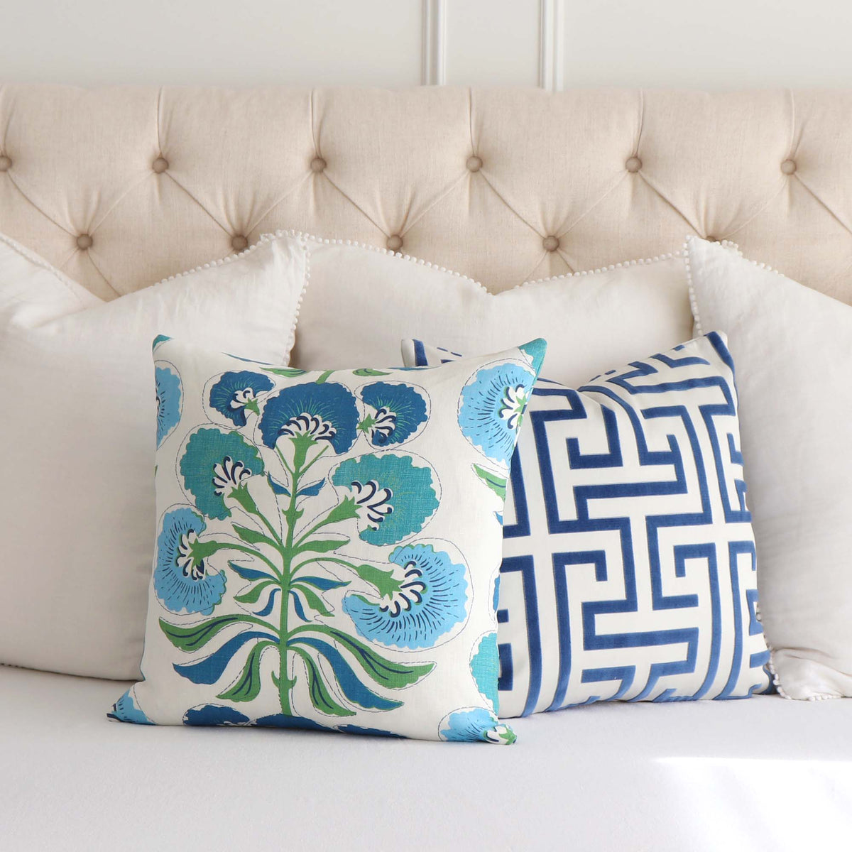 Thibaut Tybee Tree Blue and Green Floral Block Print Designer Linen Decorative Throw Pillow Cover with Matching Throw Pillow