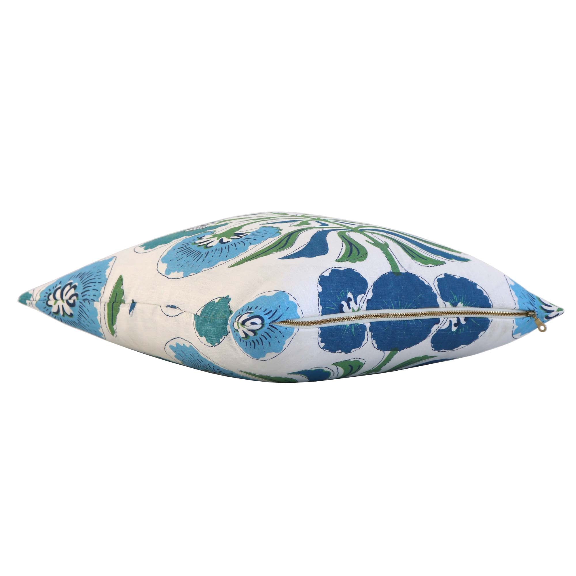Thibaut Tybee Tree Blue and Green Floral Block Print Designer Linen Decorative Throw Pillow Cover with Exposed Brass YKK Zipper