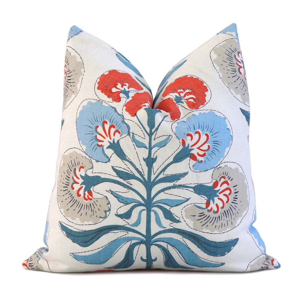 Thibaut Tybee Tree French Blue Coral Orange Floral Block Print Designer Linen Decorative Throw Pillow Cover