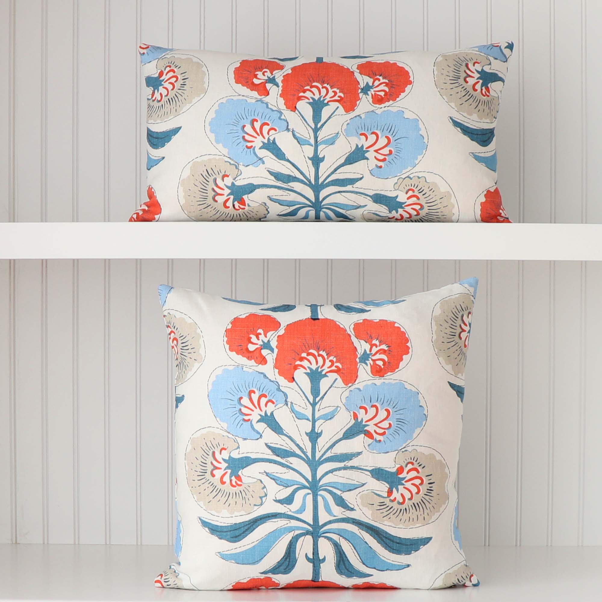 Thibaut Tybee Tree French Blue Coral Orange Floral Block Print Designer Linen Decorative Throw Pillow Cover in Square and Lumbar Sizes