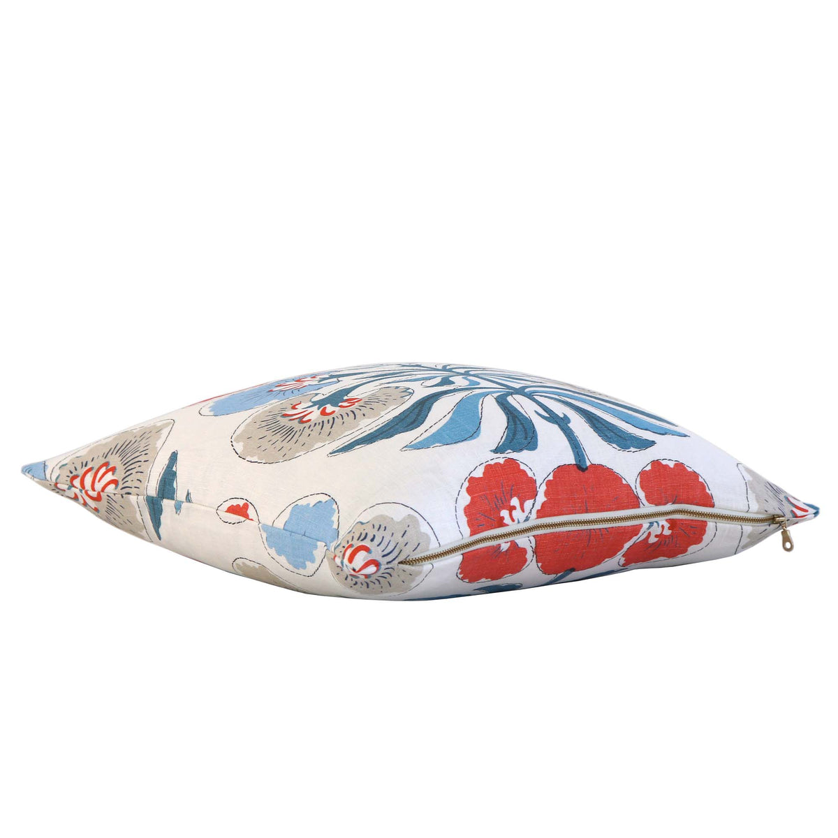 Thibaut Tybee Tree French Blue Coral Orange Floral Block Print Designer Linen Decorative Throw Pillow Cover with Exposed Brass YKK Zipper