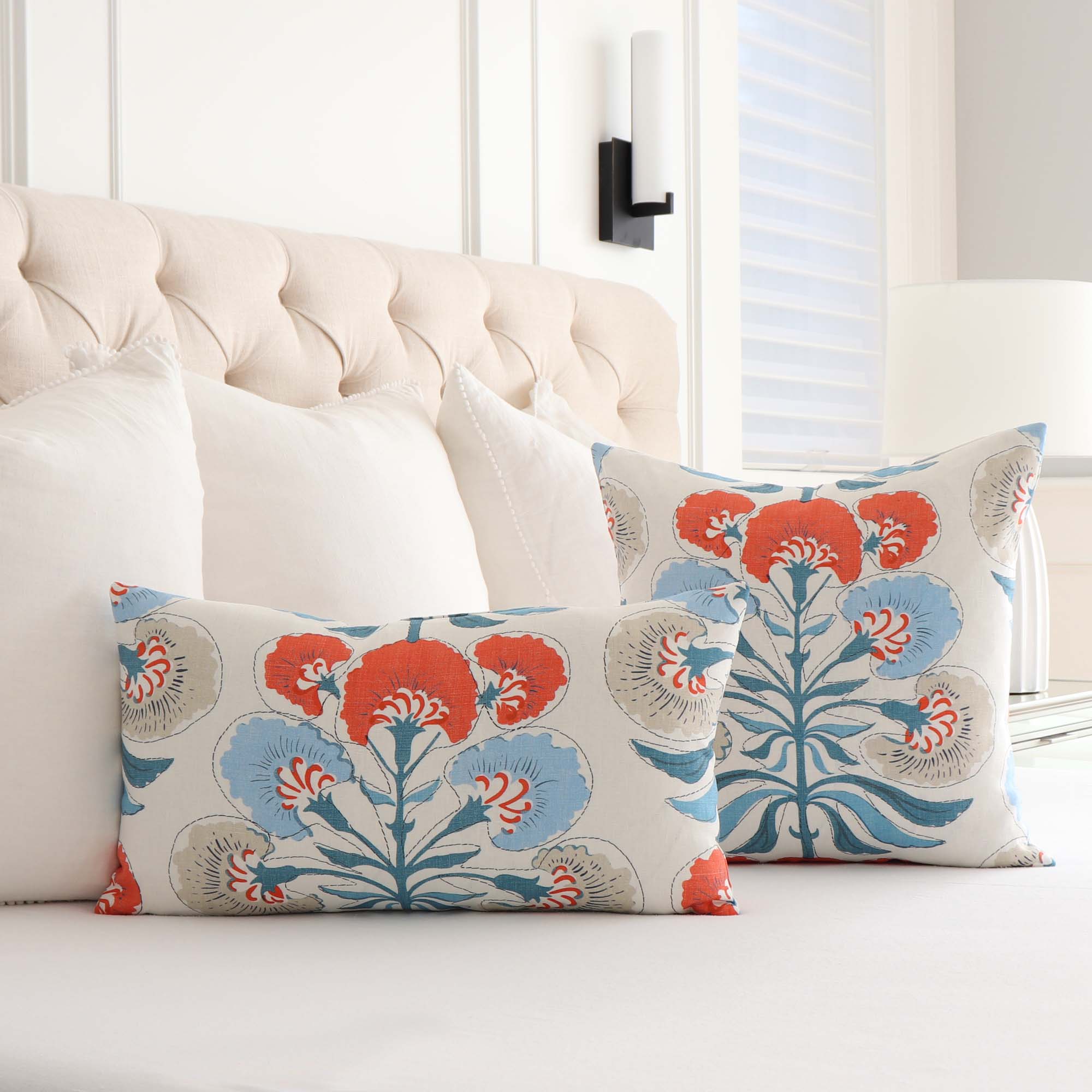 Thibaut Tybee Tree French Blue Coral Orange Floral Block Print Designer Linen Decorative Throw Pillow Cover in Bedroom on Bed