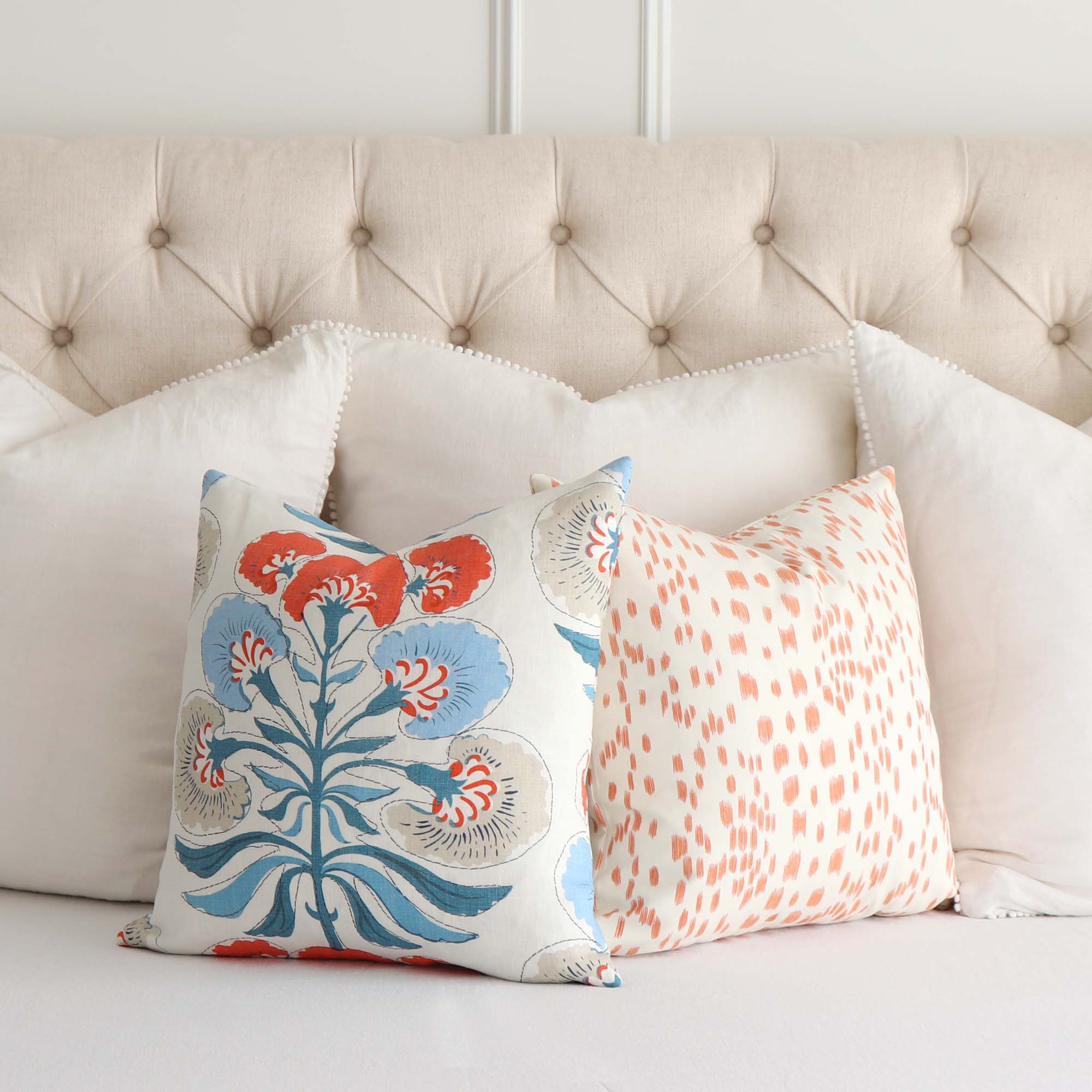 Thibaut Tybee Tree French Blue Coral Orange Floral Block Print Designer Linen Decorative Throw Pillow Cover with Matching Throw Pillow