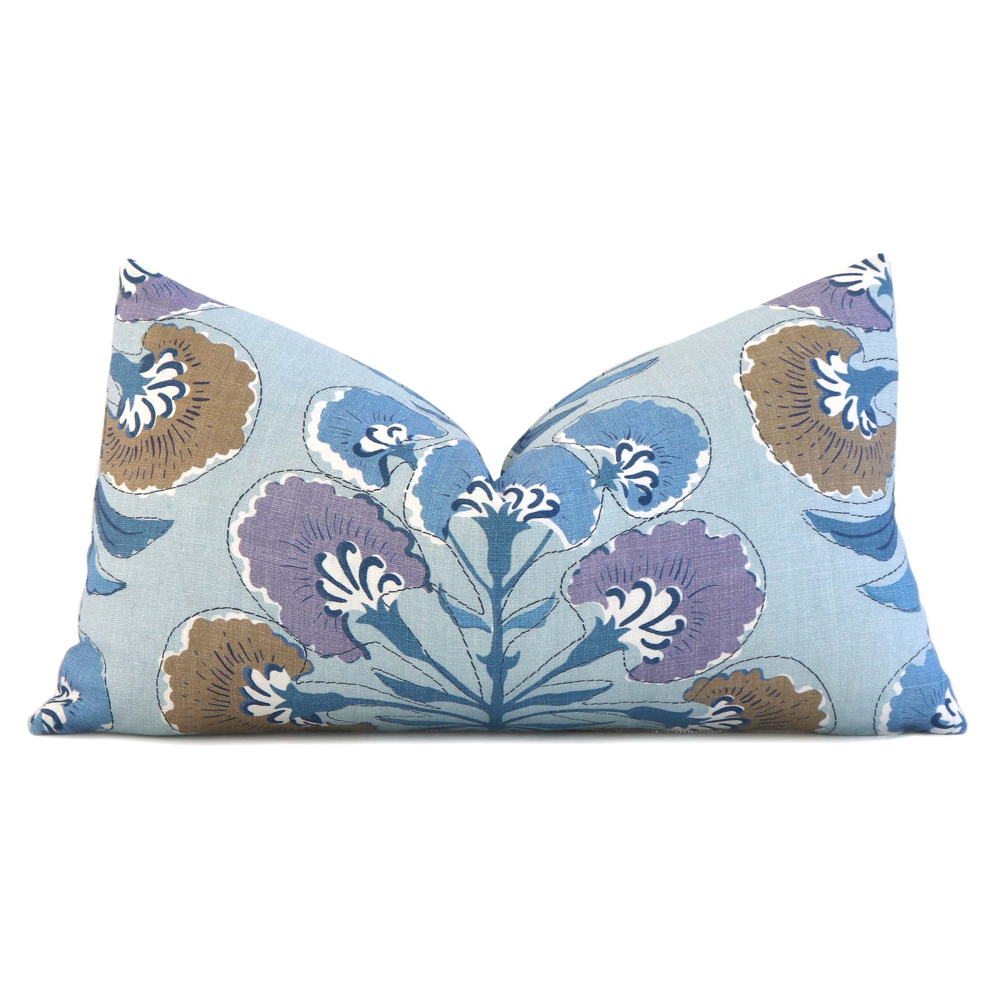 Thibaut Tybee Tree Lavender Purple Blue Floral Block Print Designer Linen Decorative Lumbar Throw Pillow Cover