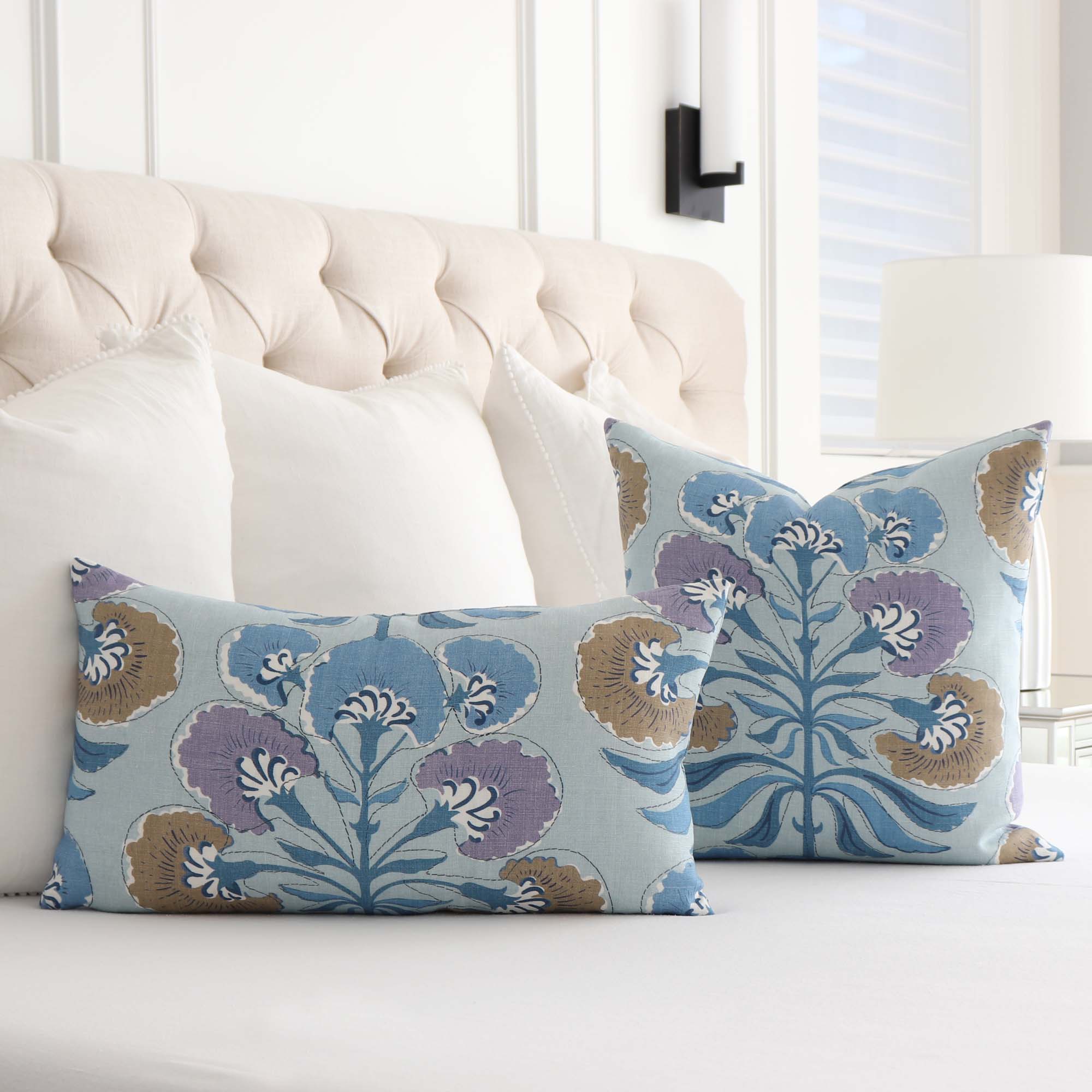 Thibaut Tybee Tree Lavender Purple Blue Floral Block Print Designer Linen Decorative Throw Pillow Cover in Bedroom