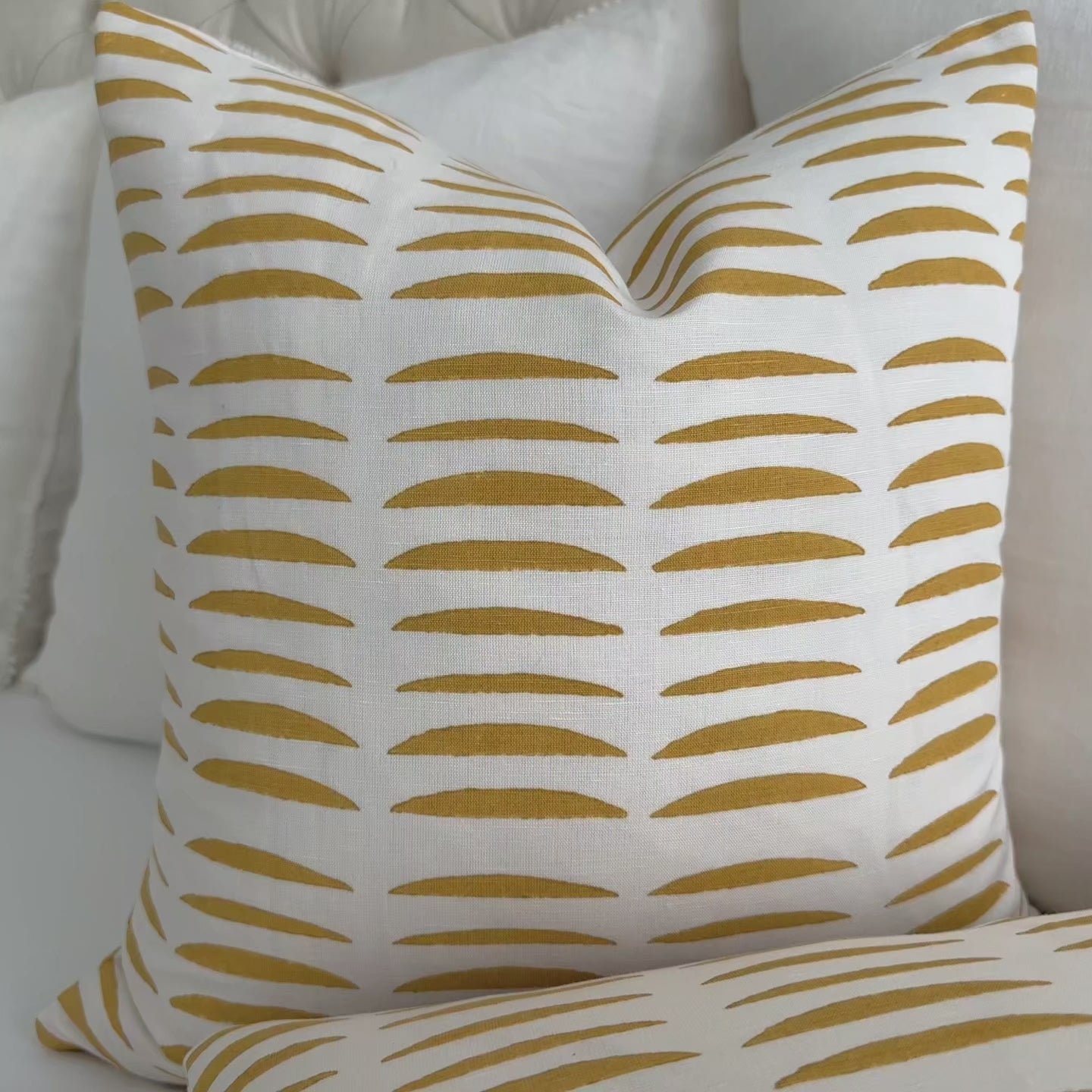 Schumacher Hadiya Williams Parable Hand Stamped Block Ginger Yellow Abstract Stripe Luxury Throw Pillow Cover Product Video