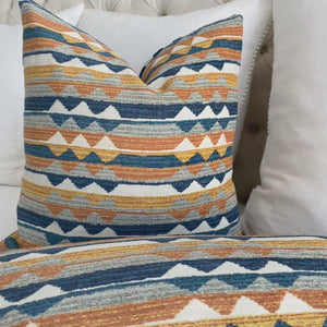 Thibaut Performance Saranac Canyon Orange Blue Woven Ikat Kilim Pattern Designer Luxury Throw Pillow Cover Product Video