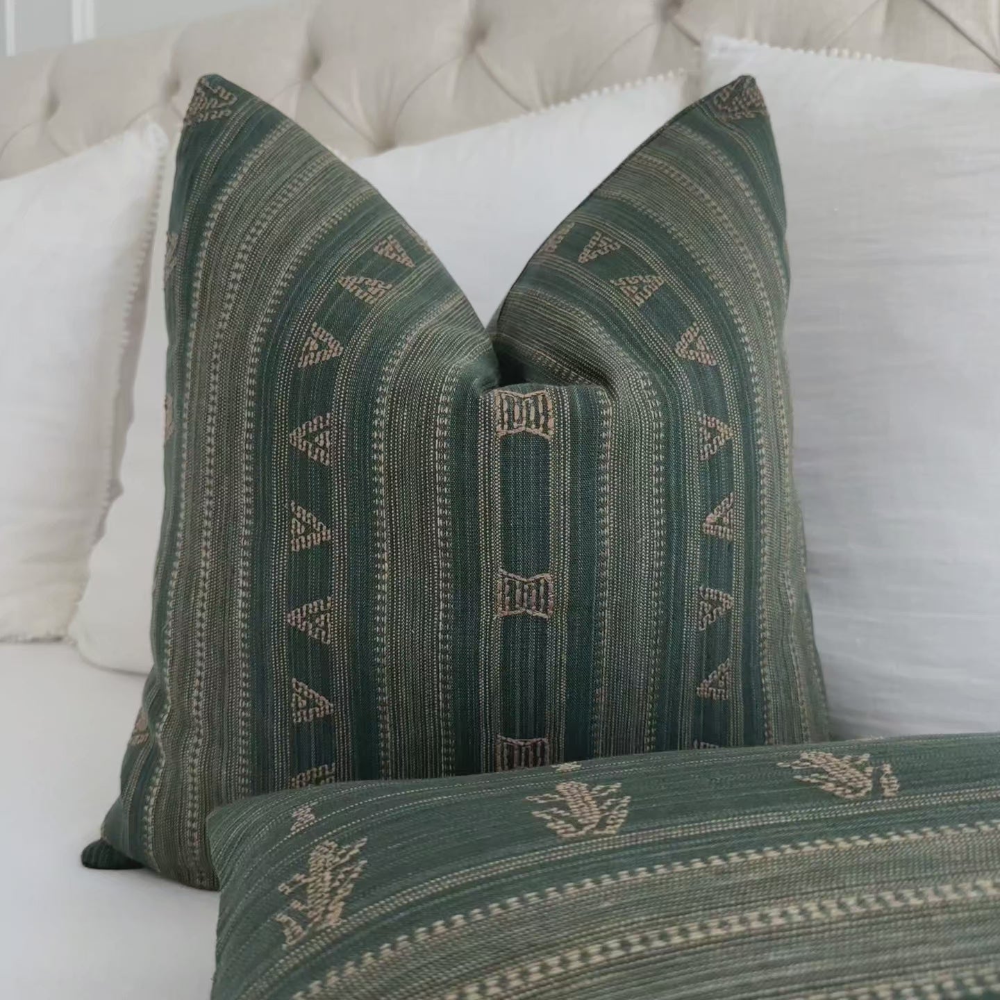 Schumacher Nima Embroidered Jungle Green Linen Luxury Designer Throw Pillow Cover Product Video