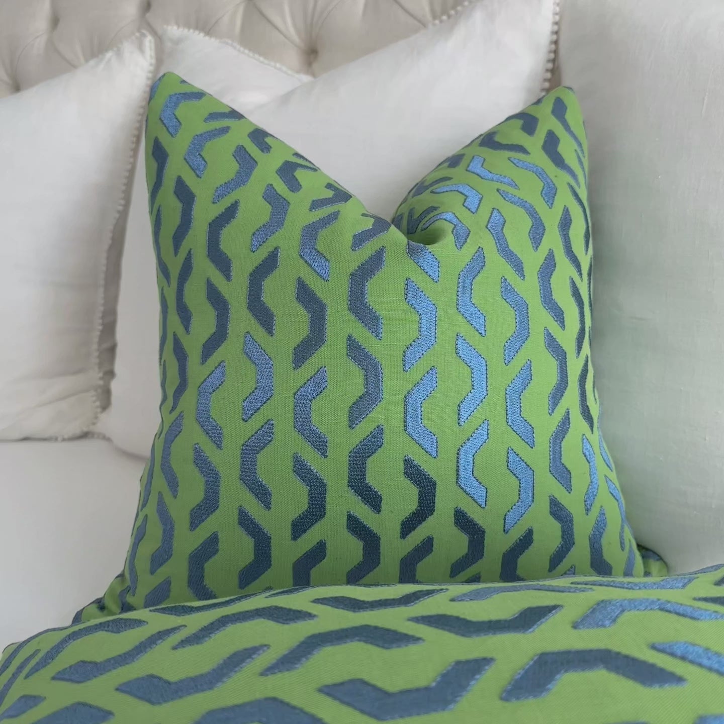 Thibaut Coronado Embroidery Green Blue Geometric Luxury Designer Throw Pillow Cover Product Video