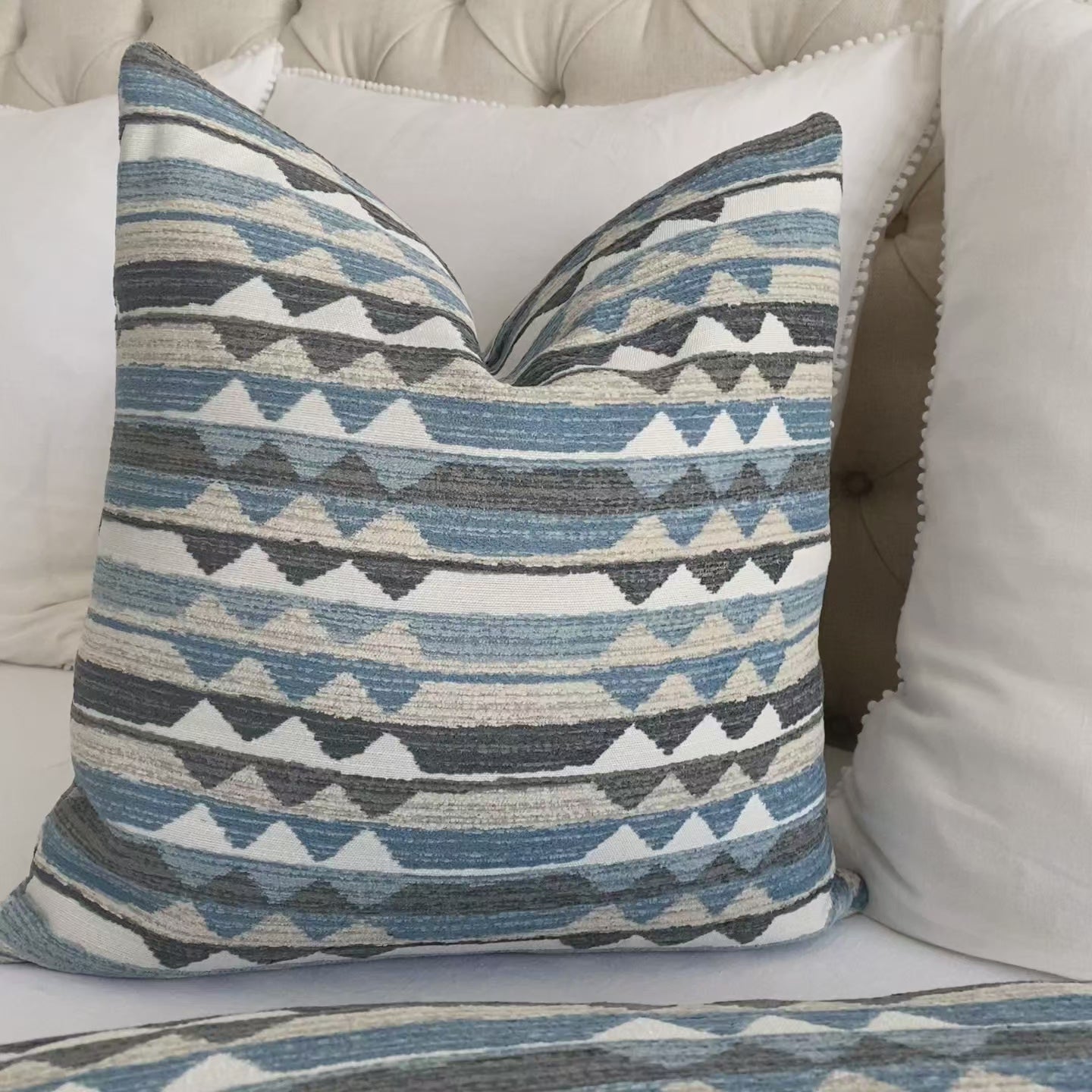 Thibuat Performance Fabric Waterfall Blue Woven Ikat Kilim Pattern Designer Luxury Throw Pillow Cover Product Video