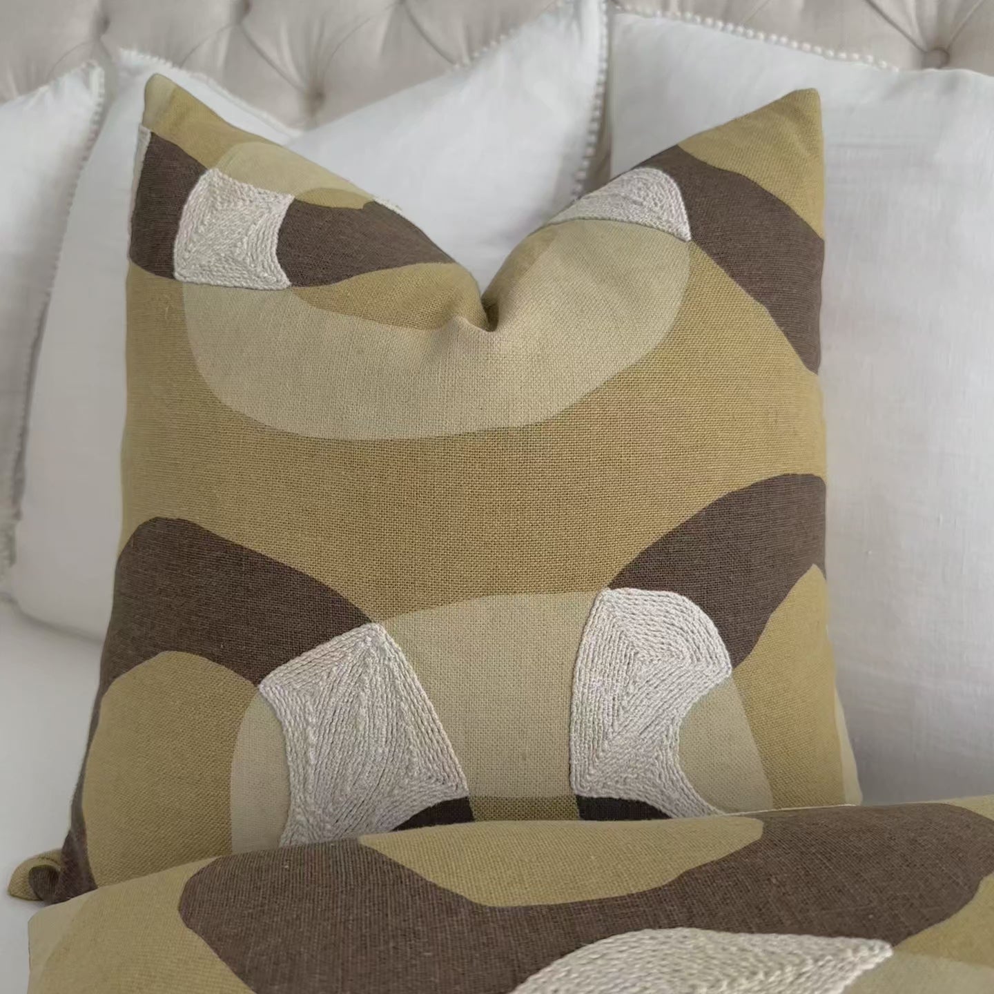 Schumacher Conrad Embroidered Ochre Brown Designer Luxury Throw Pillow Cover Product Video