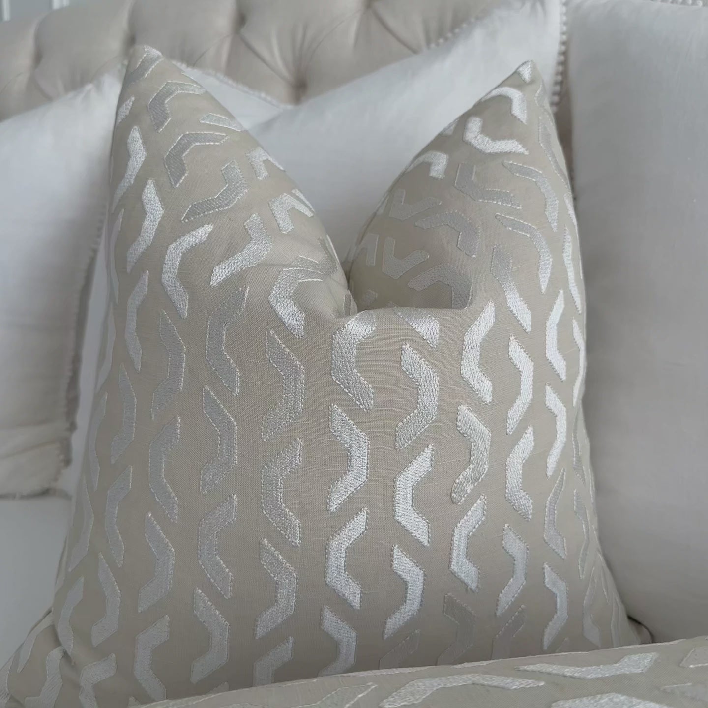 Thibaut Coronado Embroidery Beige Geometric Luxury Designer Throw Pillow Cover Product Video