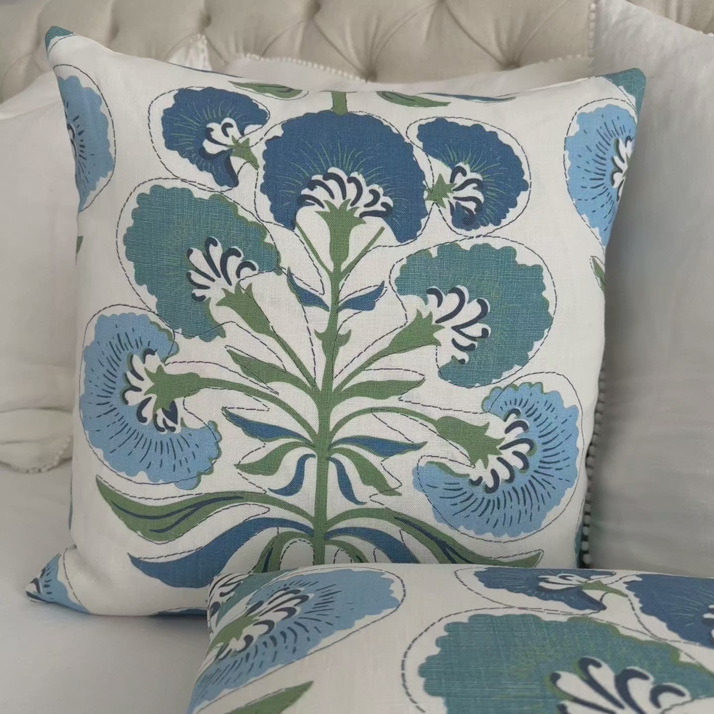 Thibaut Tybee Tree Blue and Green Floral Block Print Designer Linen Decorative Throw Pillow Cover Product Video