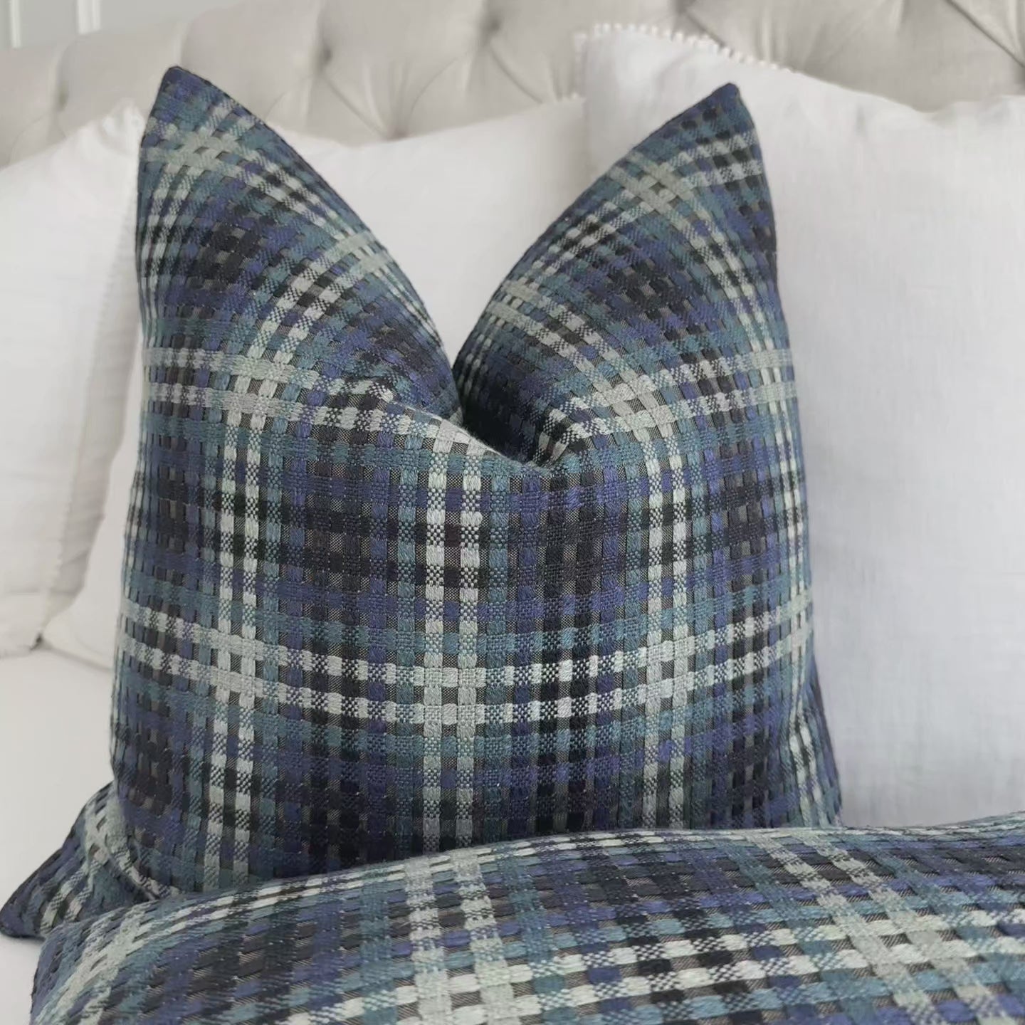 Scalamandre Twiggy Blue Touch Checkered Woven Jacquard Designer Luxury Throw Pillow Cover Product Video