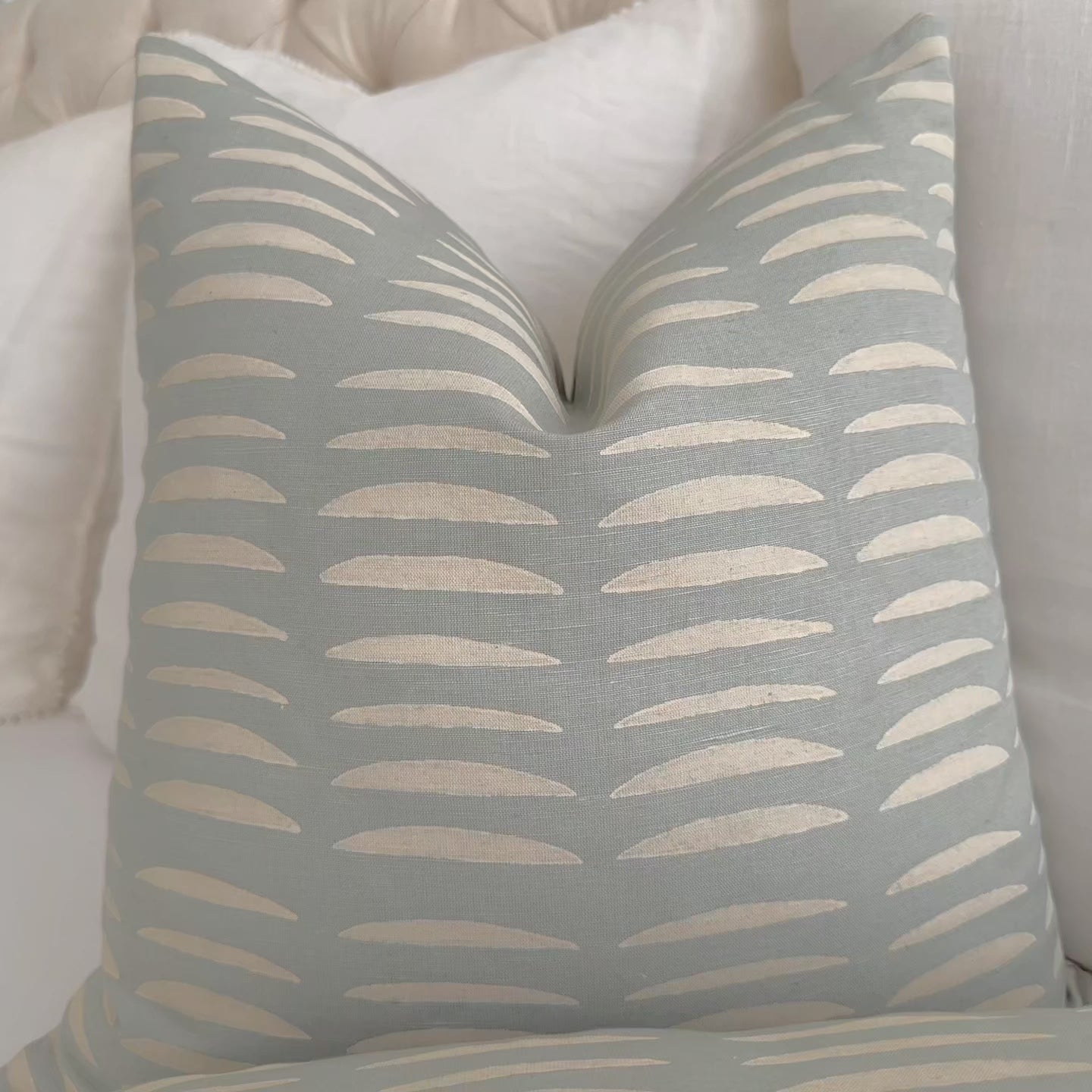 Schumacher Hadiya Williams Luxury Decorative throw pillow cover with wavy hand block pattern on a light blue background Product Video