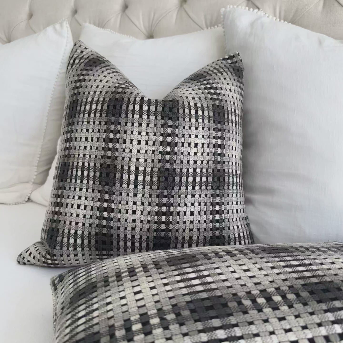 Scalamandre Twiggy Natural Shades Black Gray Checkered Striped Woven Gradient Designer Luxury Throw Pillow Cover Product Video