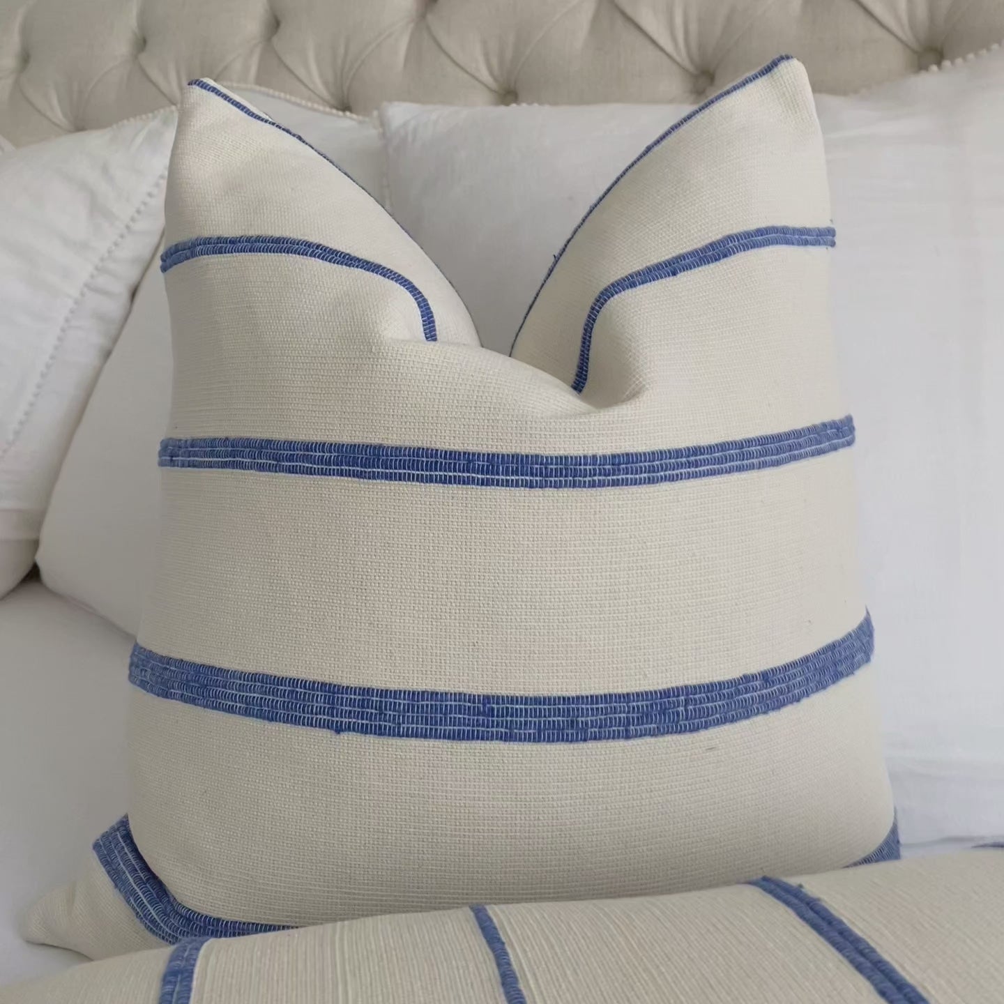 Cambaya Blue Handwoven Stripe Designer Textured Throw Pillow Cover Product Video