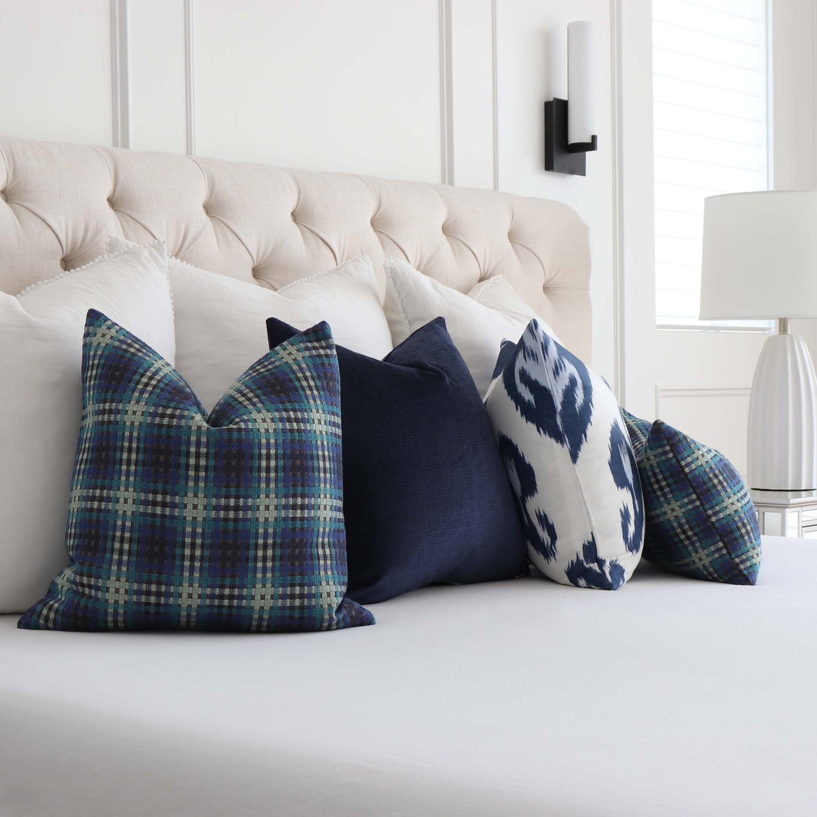 Scalamandre Twiggy Blue Touch Checkered Woven Jacquard Designer Luxury Throw Pillow Cover with Matching Throw Pillows