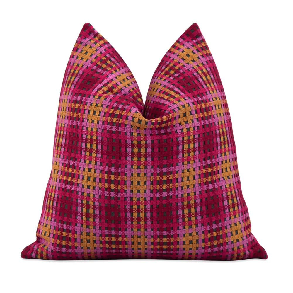 Scalamandre Twiggy Cherry Blossom Pink Red Yellow Checkered Striped Woven Gradient Designer Luxury Throw Pillow Cover