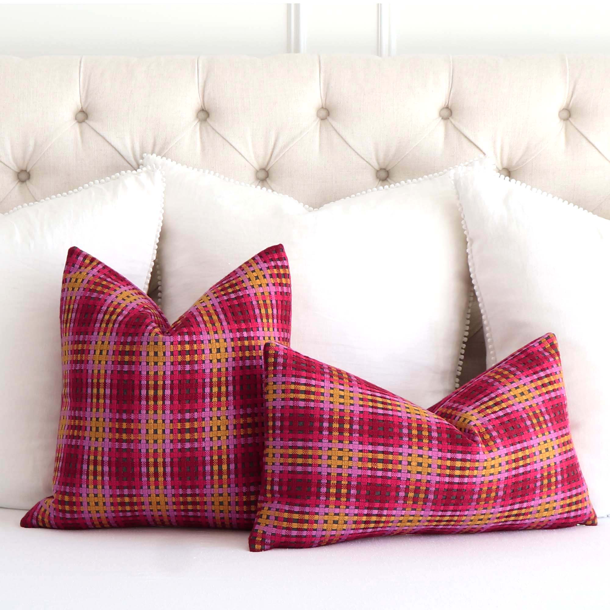Scalamandre Twiggy Cherry Blossom Pink Red Yellow Checkered Striped Woven Gradient Designer Luxury Throw Pillow Cover on Bed with Big White Euro Shams