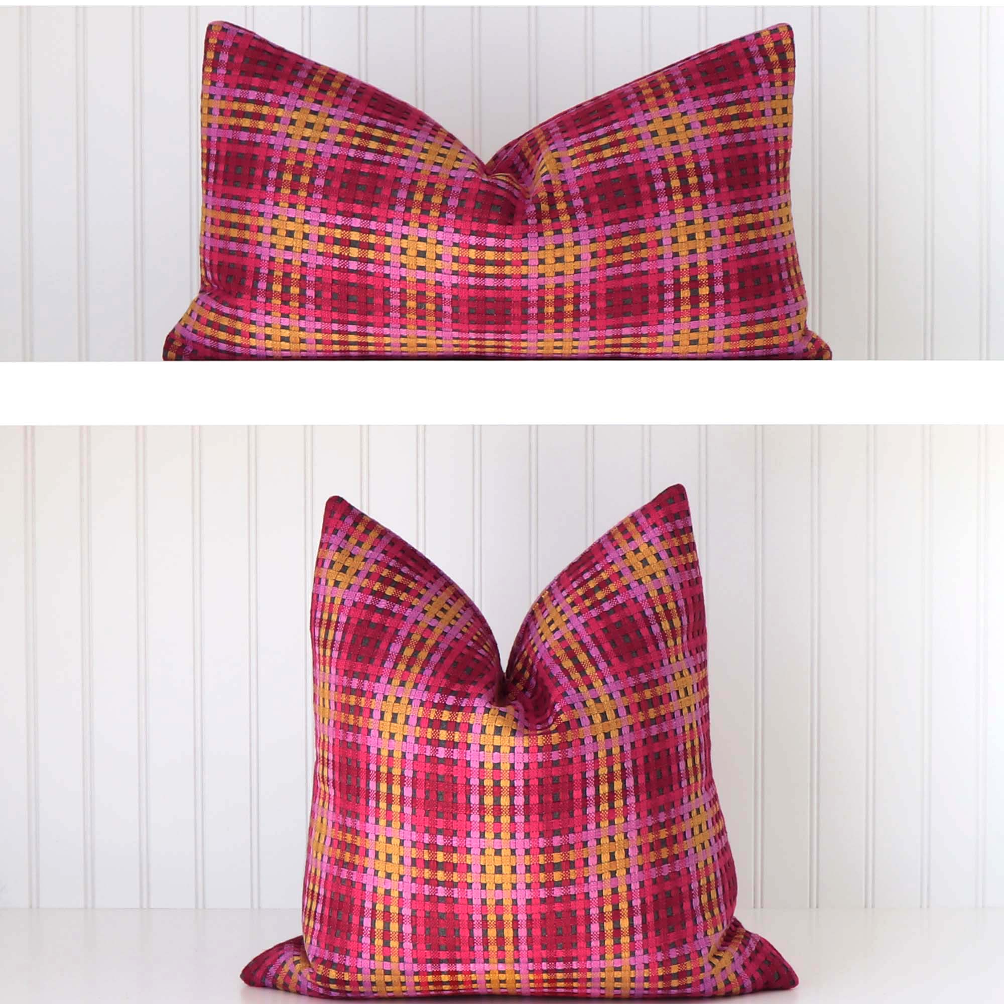 Scalamandre Twiggy Cherry Blossom Pink Red Yellow Checkered Striped Woven Gradient Designer Luxury Throw Pillow Cover Available in Square and Lumbar Sizes
