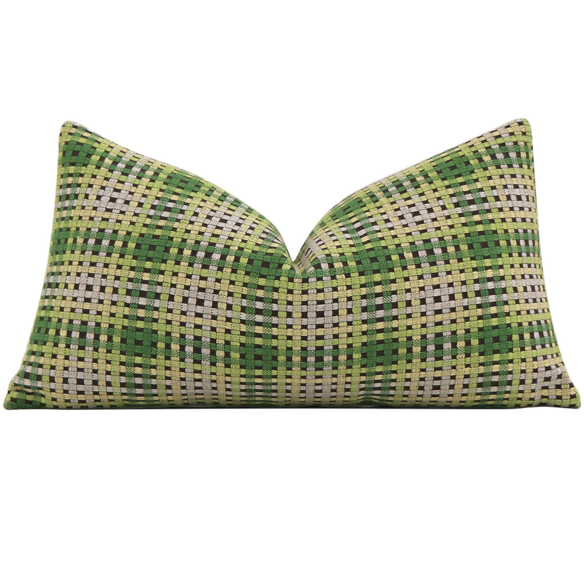 Scalamandre Twiggy Deep Forest Green and Yellow Checkered Striped Woven Gradient Designer Luxury Lumbar Throw Pillow Cover