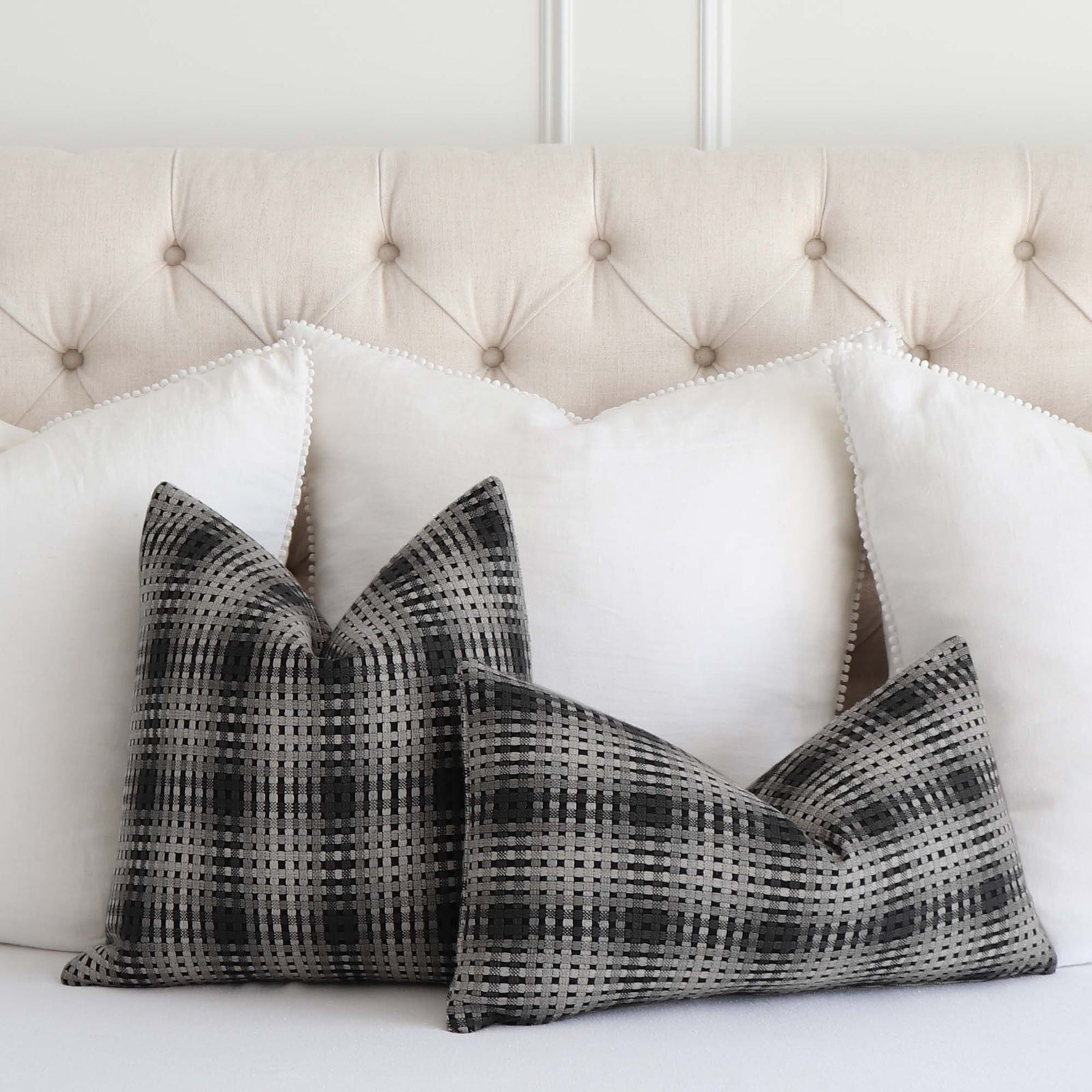 Scalamandre Twiggy Natural Shades Black Gray Checkered Striped Woven Gradient Designer Luxury Throw Pillow Cover on Bed