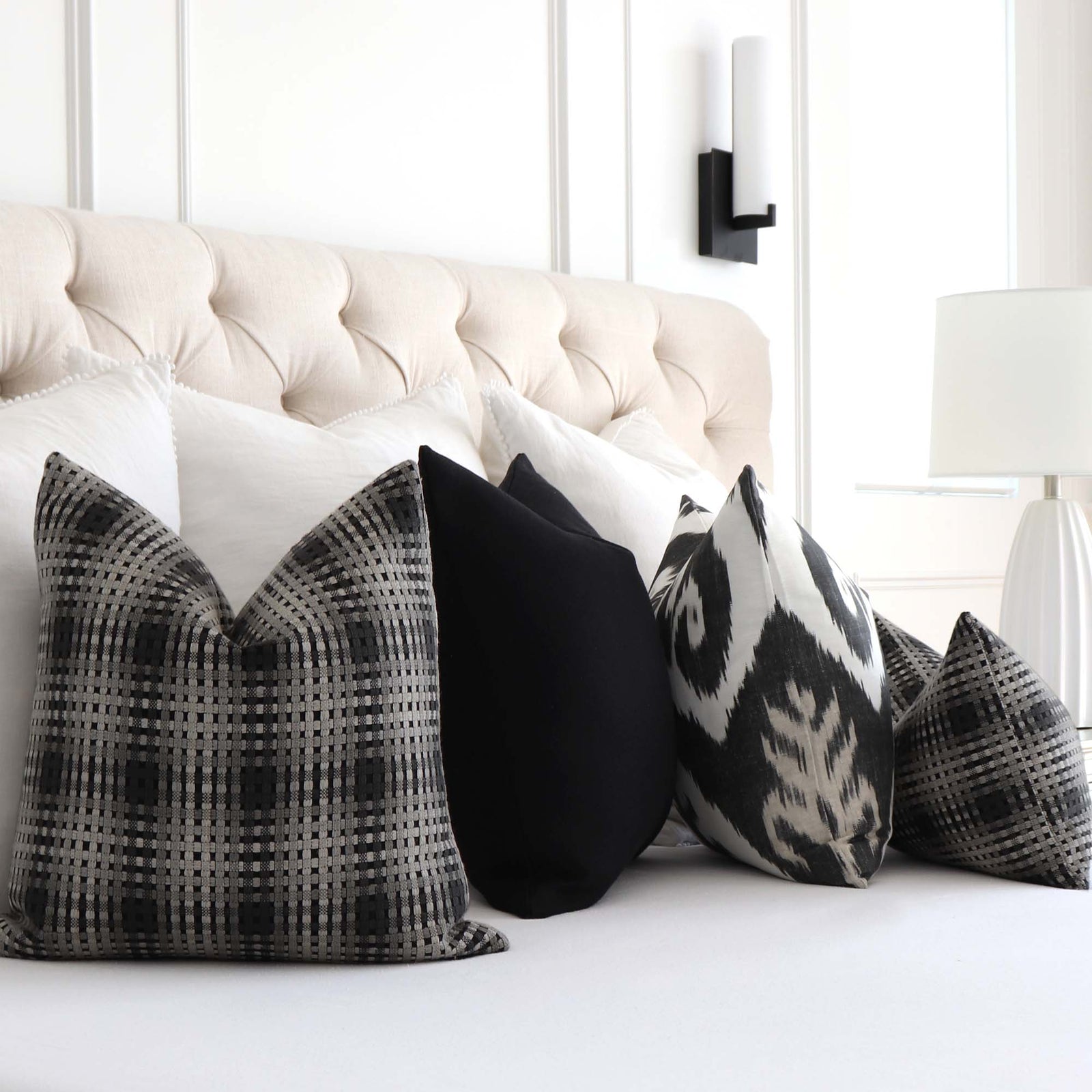 Scalamandre Twiggy Natural Shades Black Gray Checkered Striped Woven Gradient Designer Luxury Throw Pillow Cover with Matching Throw Pillows in Bedroom