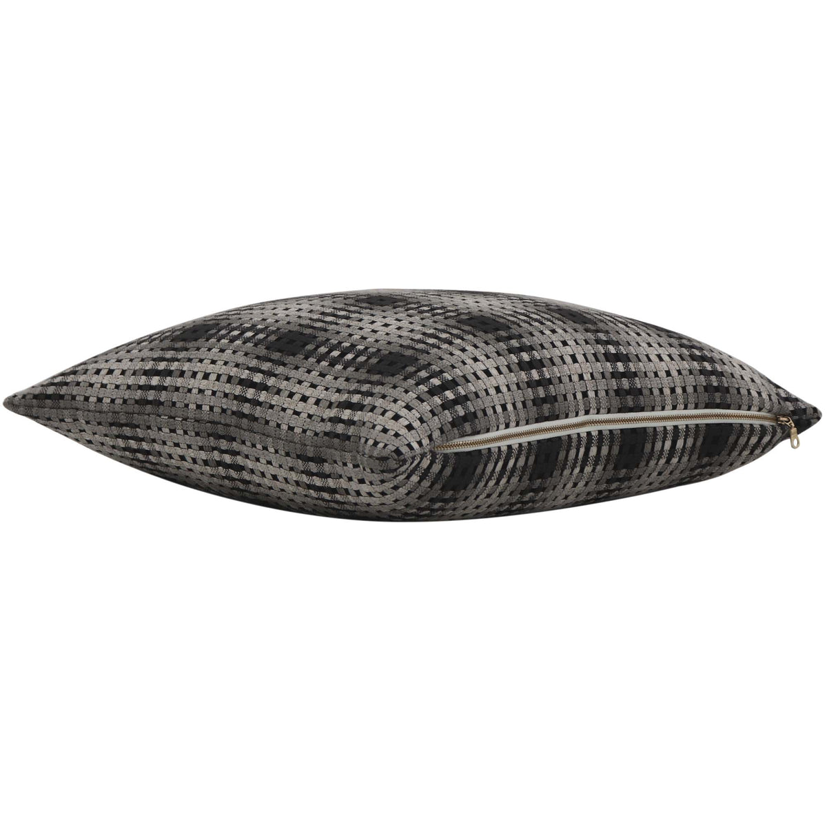 Scalamandre Twiggy Natural Shades Black Gray Checkered Striped Woven Gradient Designer Luxury Throw Pillow Cover with Exposed Brass Gold Zipper
