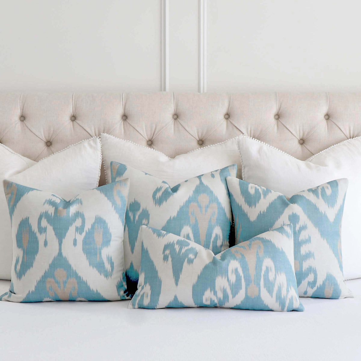 Thibaut Indies Ikat French Blue Large Scale Bold Graphic Designer Decorative Throw Pillow Cover with All Pattern Placements on Bed