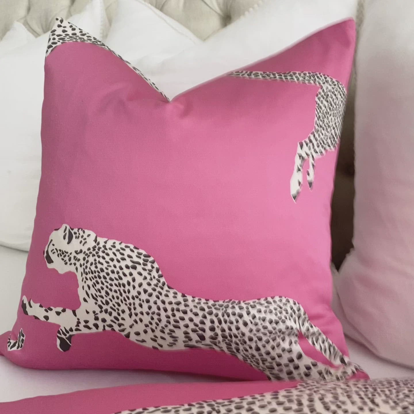 Scalamandre Leaping Cheetah Bubblegum Pink Animal Print Luxury Decorative Throw Pillow Cover Product Video