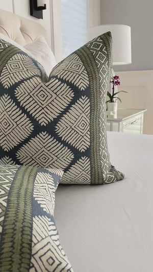 Thibaut Austin Bluestone and Green Ikat Block Print Designer Luxury Decorative Throw Pillow Cover Product Video
