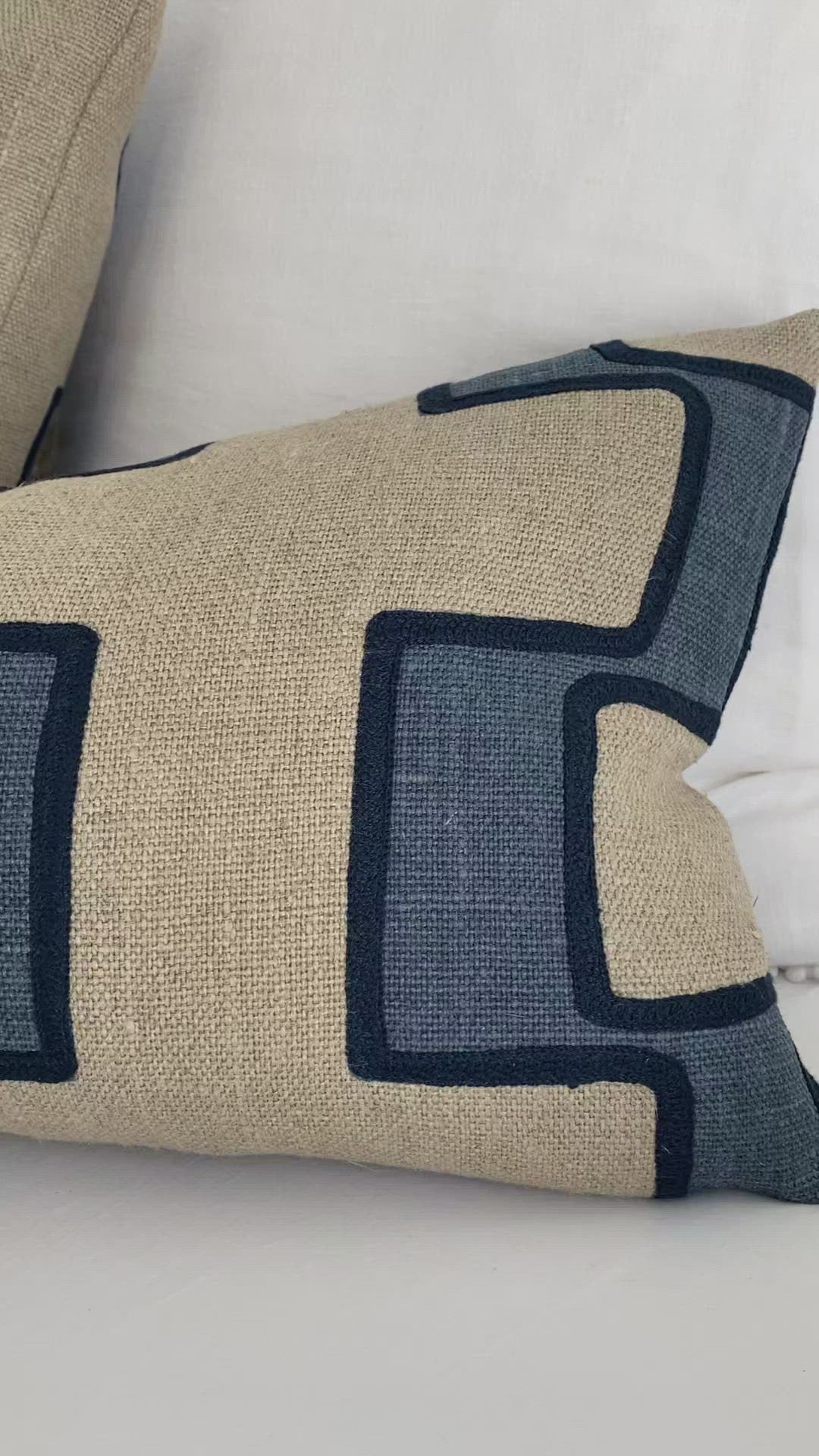 Schumacher Dixon Embroidered Blue Linen Luxury Designer Throw Pillow Cover Product Video