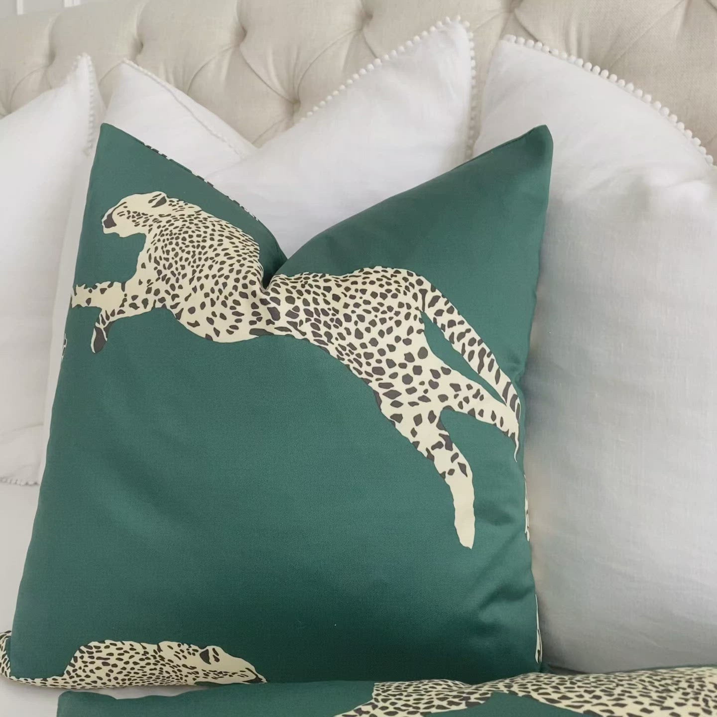 Scalamandre Leaping Cheetah Evergreen Green Animal Print Designer Decorative Throw Pillow Cover Product  Video