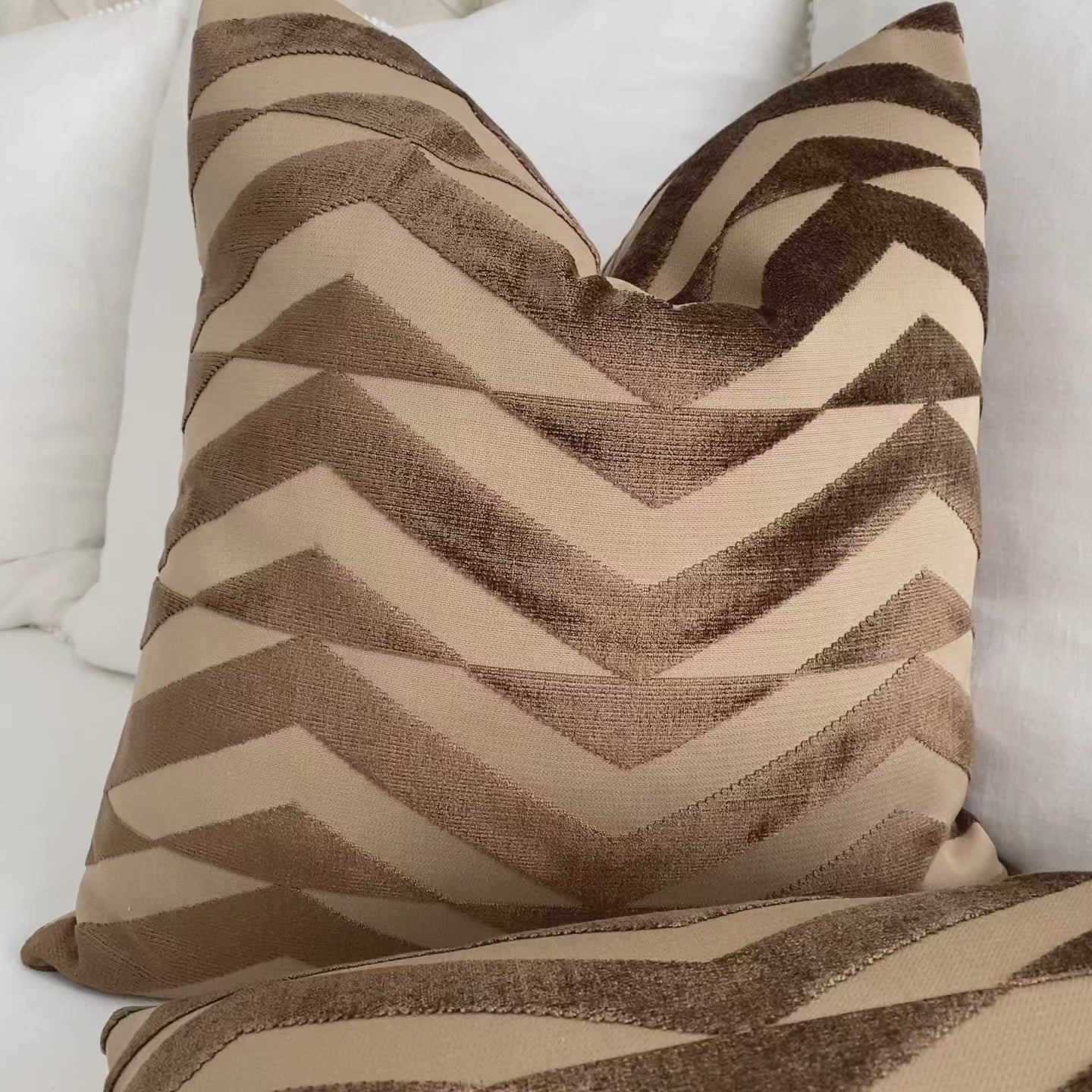 Schumacher Broken Chevron Brown and Camel Cut Velvet Decorative Designer Throw Pillow Cover Product Video
