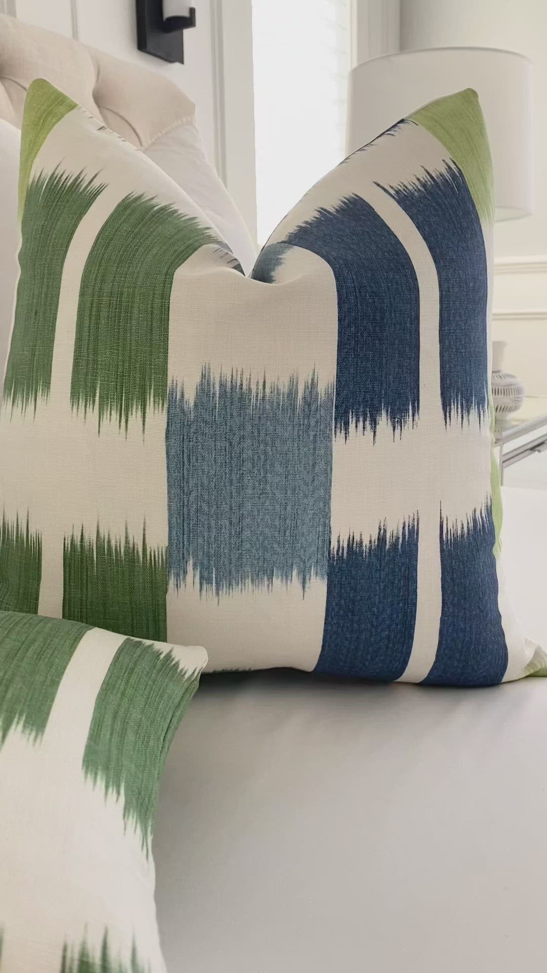 Thibaut Kasuri Stripe Blue and Green Ikat Decorative Designer Throw Pillow Cover Product Video